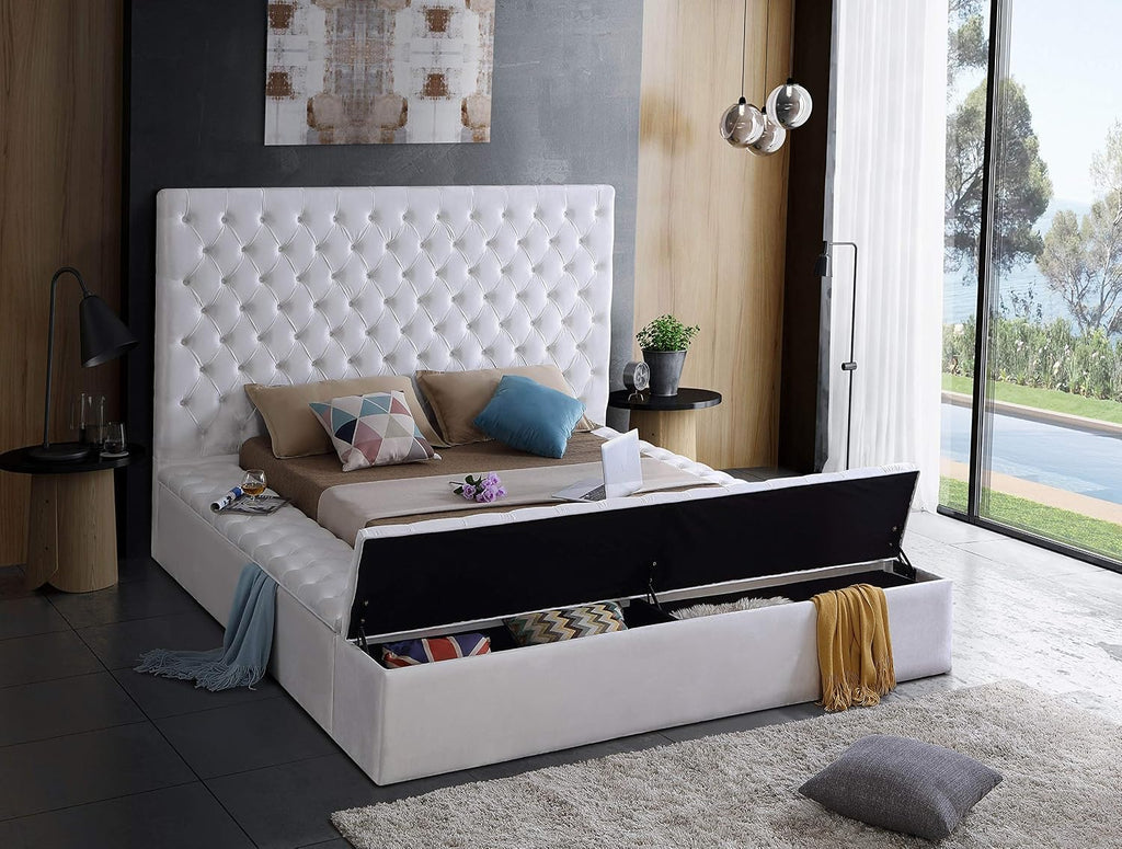 Meridian Furniture Bliss Collection Modern | Contemporary Velvet Upholstered Bed with Deep Button Tufting and Storage Compartments in Rails and Footboard, White, King