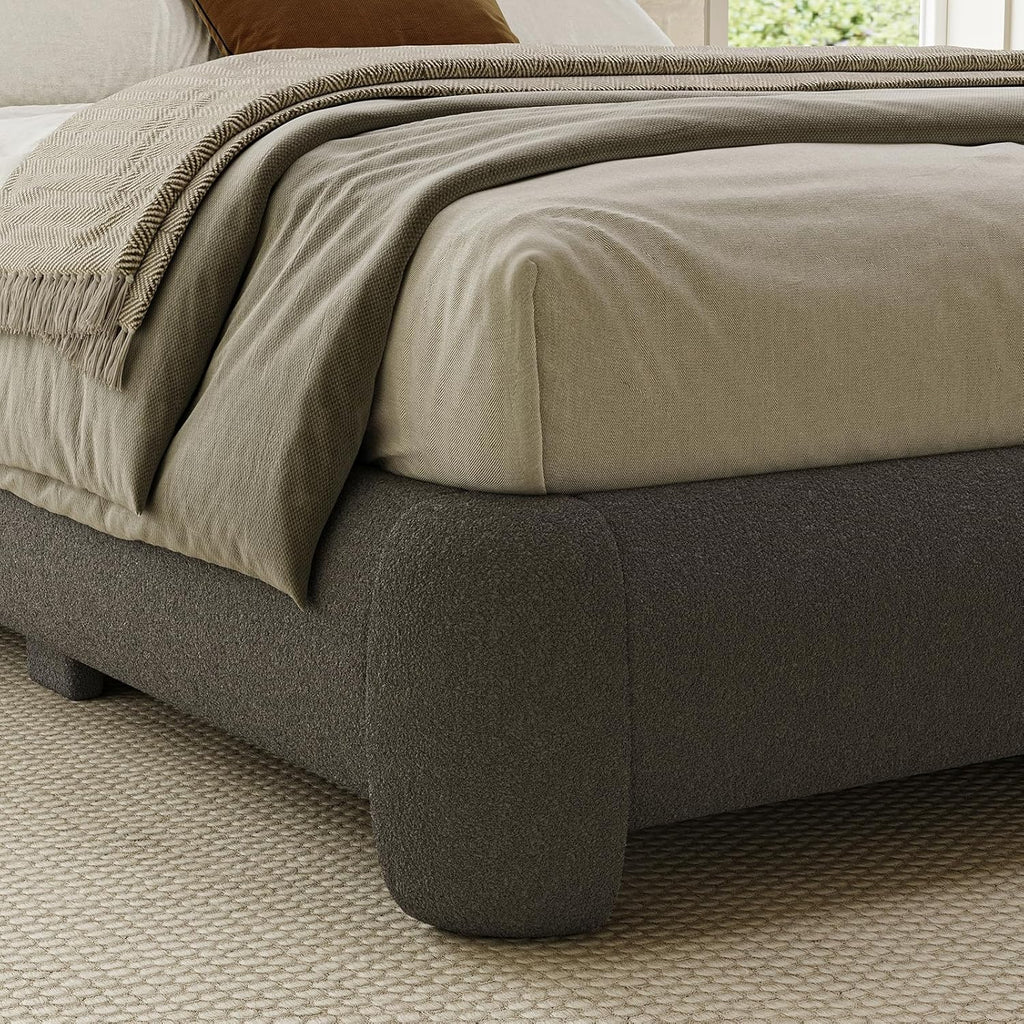 Cloud Full Size Platform Bed Frame, Soft Boucle Bed Frame with Round Corner, Upholstered Bedframe Full with Heavy Duty Wood Slat, No Box Spring Needed, Easy Assembly, Grey
