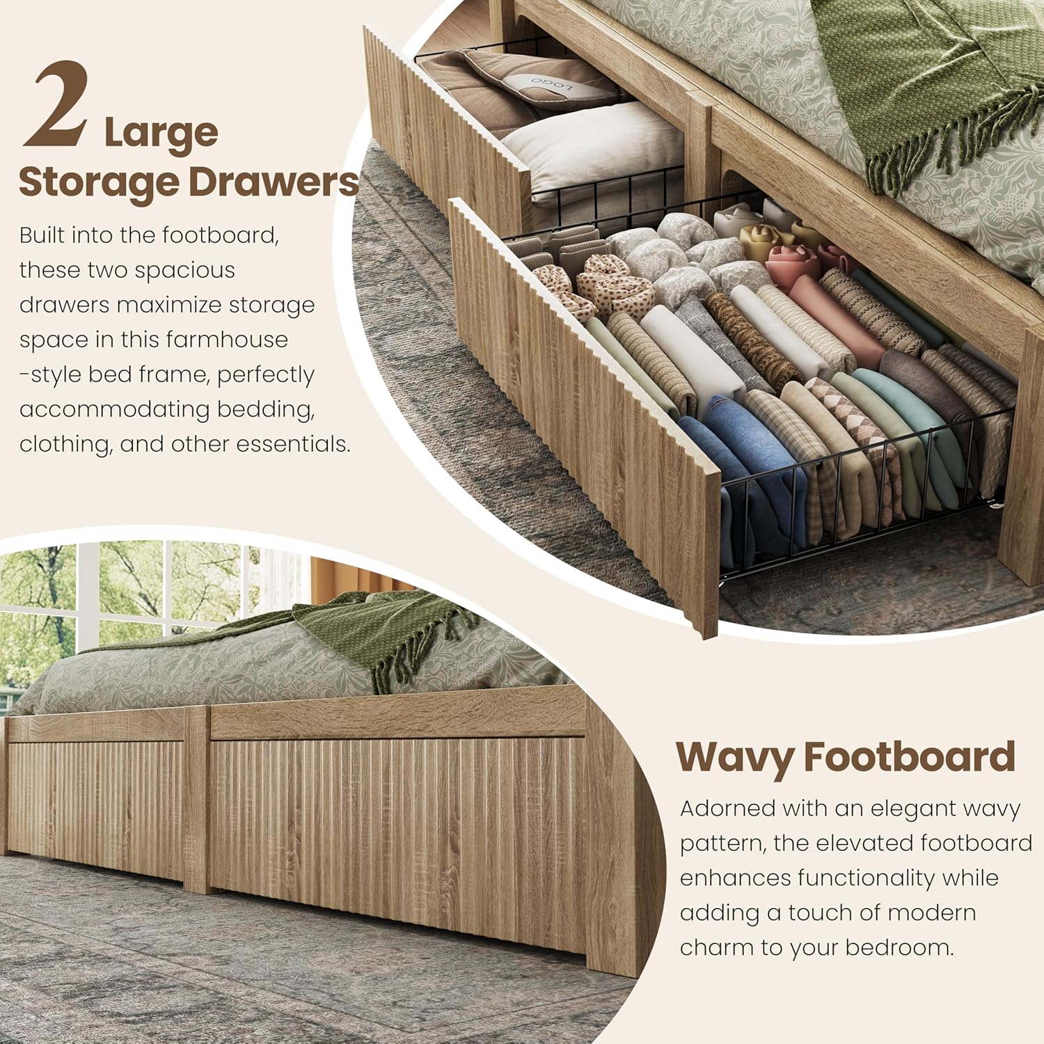 CypBed Queen Size Bed Frame with Headboard and Storage Drawers, Queen Bed Frame with LED Light and Charging Port, Farmhouse Wavy Design, Wood & Metal Platform, Noise-Free, No Box Spring Needed, Wood