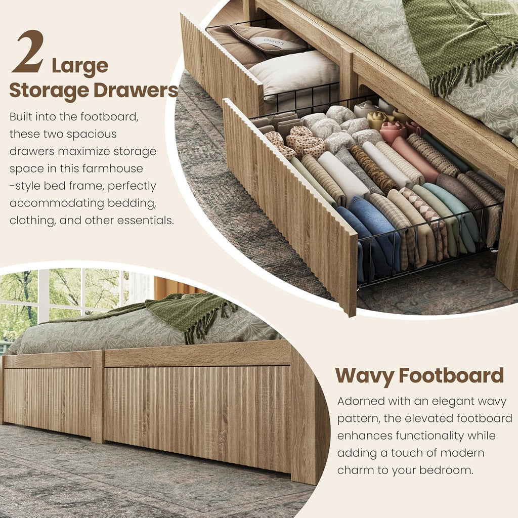 CypBed Full Size Bed Frame with Headboard and Storage Drawer, Full Bed Frame with LED Light and Charging Port, Farmhouse Wavy Wood Design, Wood & Metal Platform, Noise-Free, No Box Spring Needed