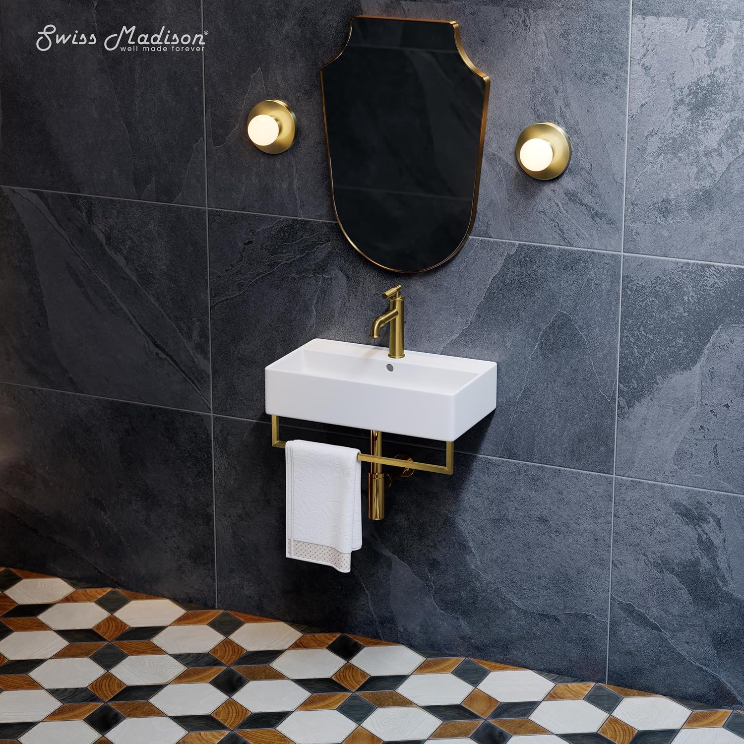 Claire 22' Wall-Mount Bathroom Sink with Brushed Gold Towel Bar