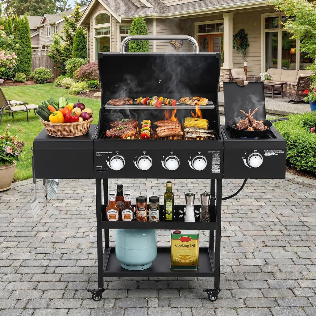 4-Burner Propane Gas Grill with Side Burner, 50,000 BTU Output Portable Outdoor BBQ Grill with Wheels, Stainless Steel Grates, Side Table and Spice Rack for Backyard, Patio, Camping