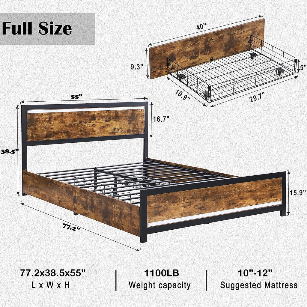 Ailisite Full Size Bed Frame with Storage and 4 Drawers, Rustic Bed Frame Full Size with Headboard and Charging Station and Led Lights, Wood Platform Bed Frame No Box Spring Needed, Noise Free, Brown