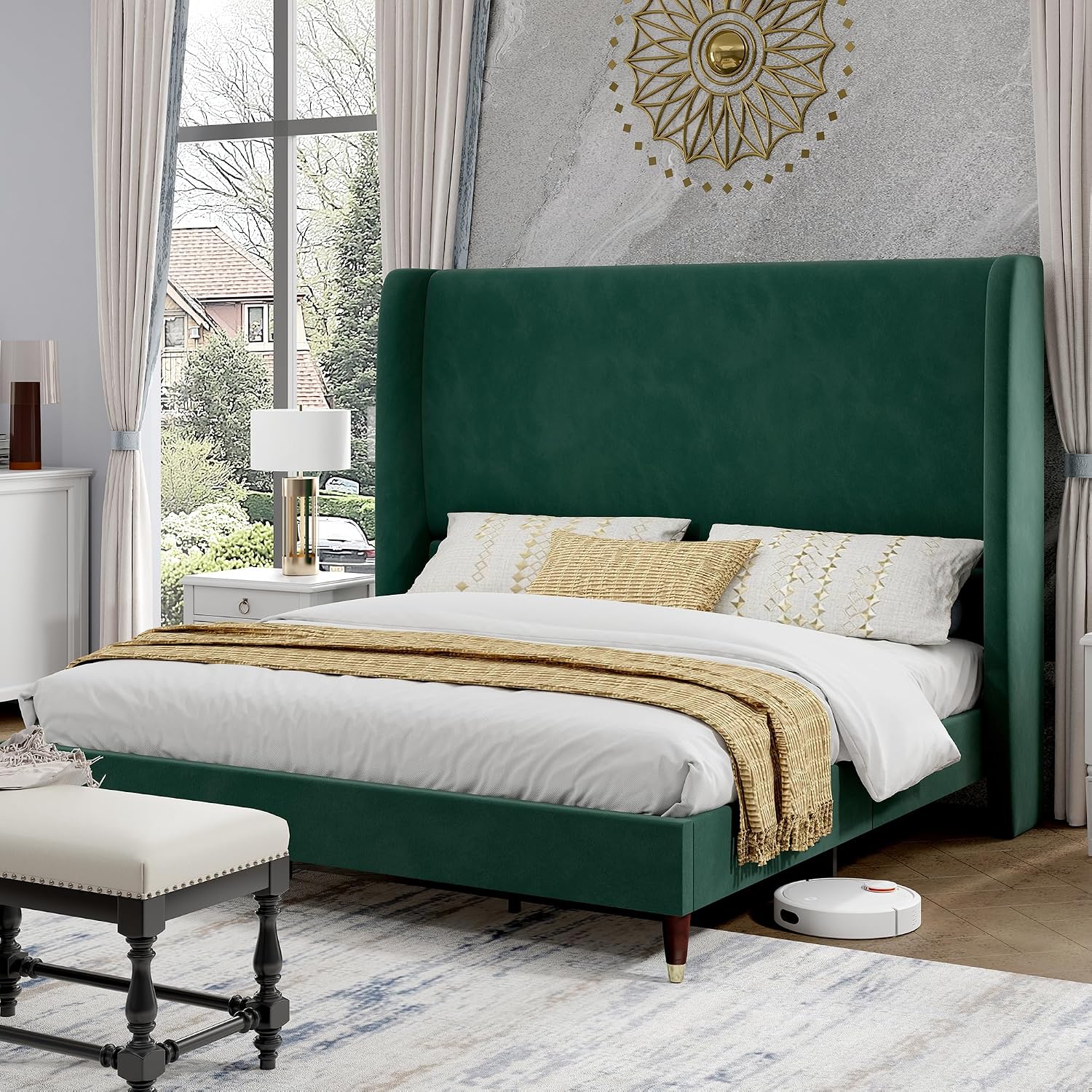 PaPaJet Queen Bed Frame with 51.2' Tall Wingback Headboard,Velvet Upholstered Platform Bed,Solid Wood Legs,No Box Spring Needed,Noise-Free&Easy Assembly,for Couples, Guest Room, Apartment,Green