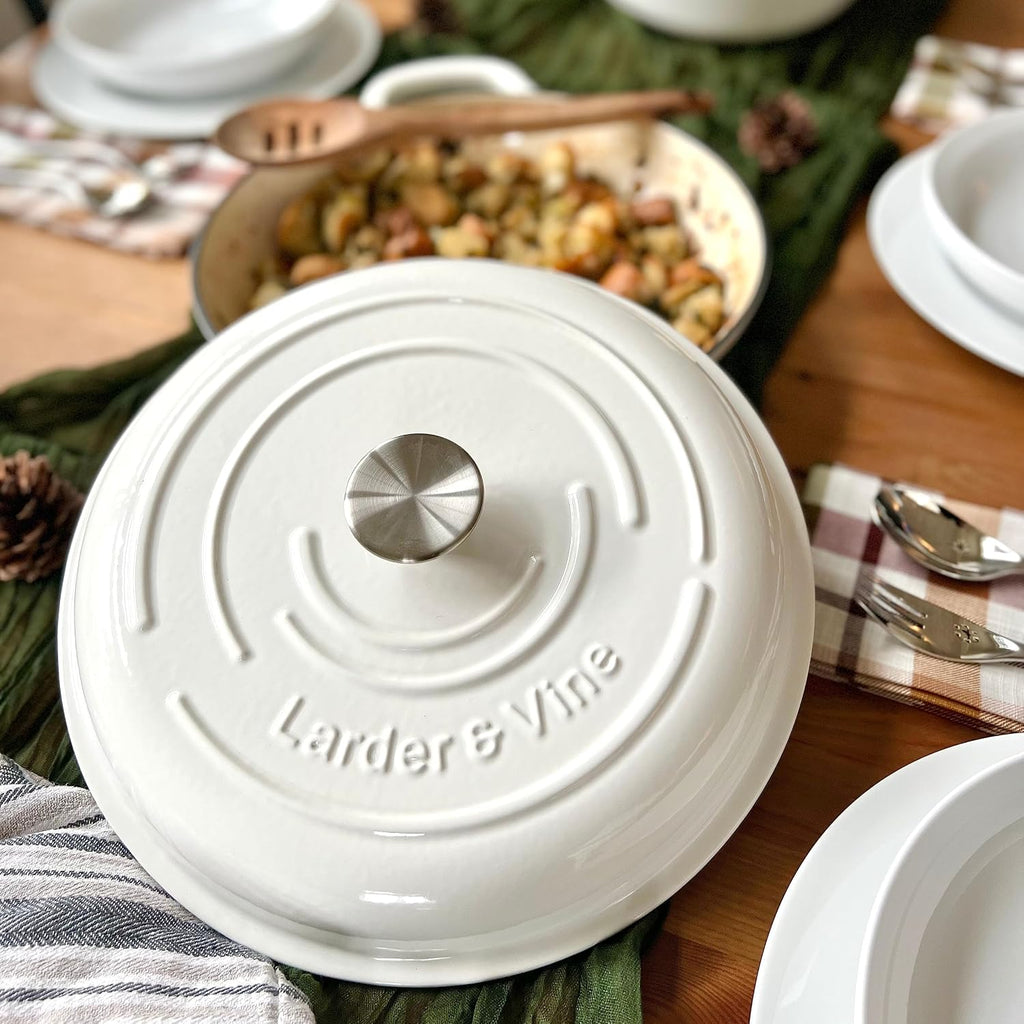Larder & Vine 6-Piece Enameled Cast Iron Pan Cookware Sets, Includes 8 Quart and 5.7 Quart Dutch Oven with Lids, Braiser/Crock Pot with Lid (White)