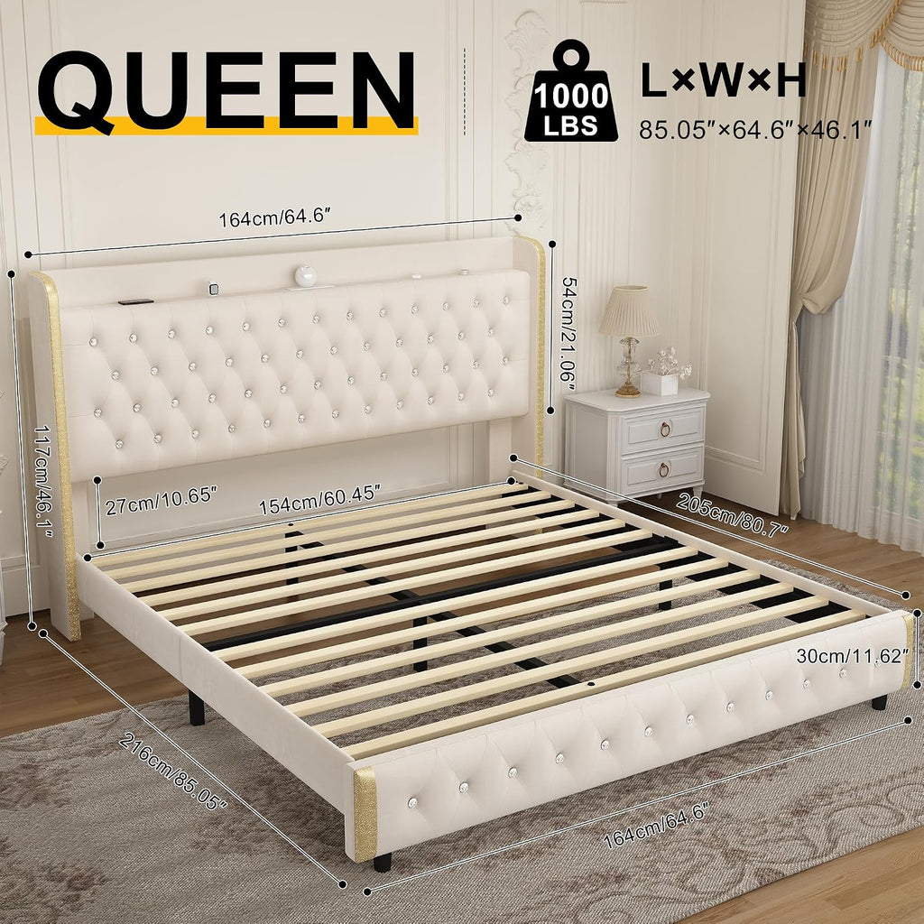 Queen Bed Frame with LED Lights and Galaxy Projecton, Upholstered Wingback Platform Bed, No Box Spring Needed, Sturdy Noiseless Modern Headboard with Starry Accents, Easy Assembly, Velvet Cream