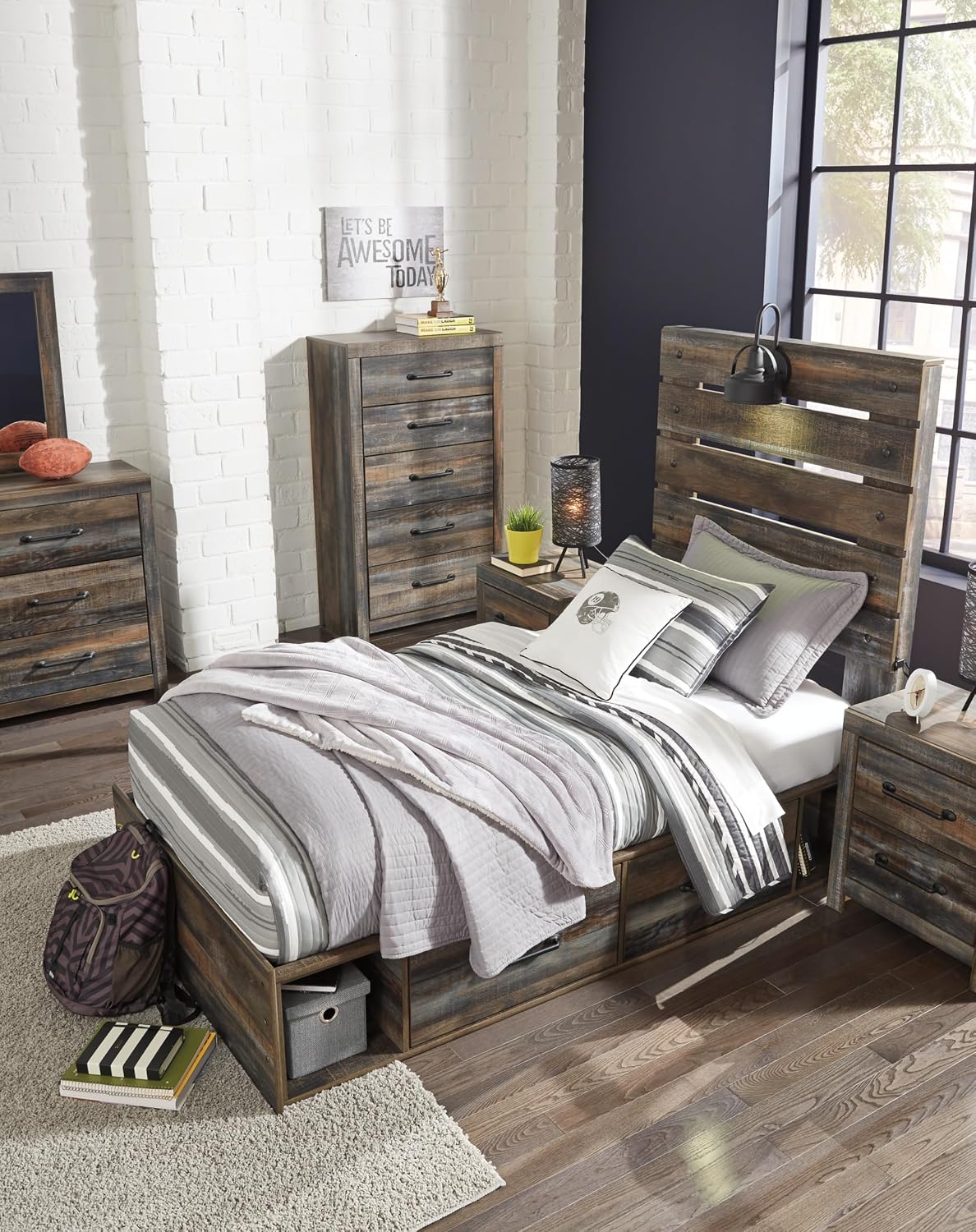 Signature Design by Ashley Drystan Rustic Twin Panel Platform Bed with 2 Storage Drawers, Open Cubbies, Sconce LED Light and USB Ports, Foundation or Box Spring Not Needed, Dark Brown & Gray