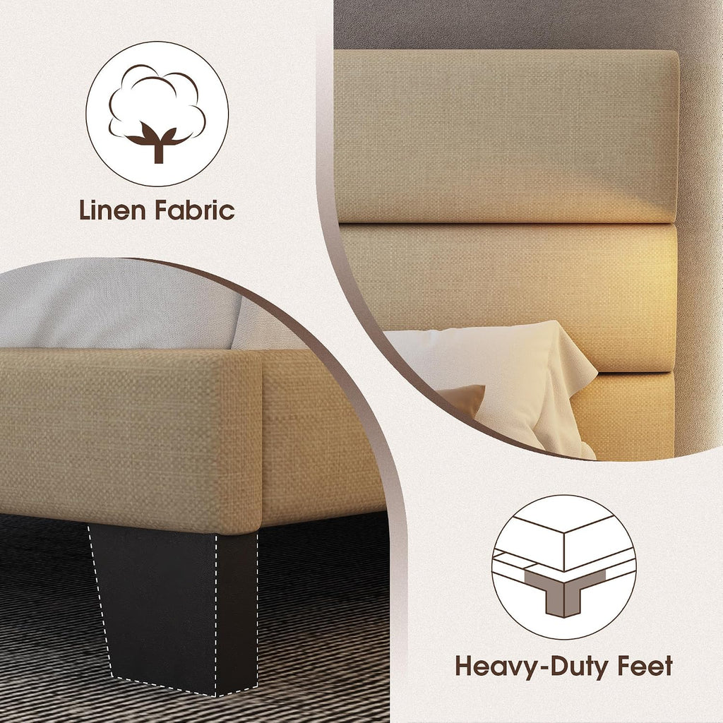 WEEWAY Full Size Bed Frame Platform Bed with Linen Fabric Upholstered Headboard and Wooden Slats Support, Heavy Duty Mattress Foundation, No Box Spring Needed, Easy Assembly, Beige