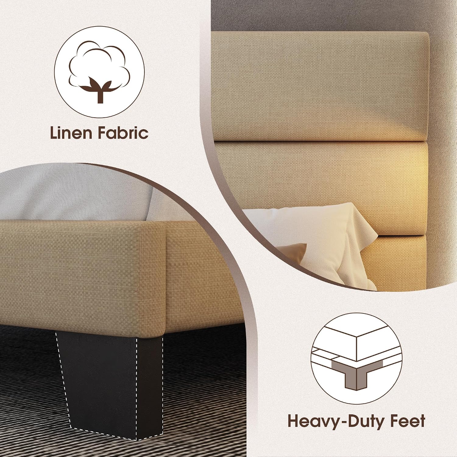 WEEWAY Full Size Bed Frame Platform Bed with Linen Fabric Upholstered Headboard and Wooden Slats Support, Heavy Duty Mattress Foundation, No Box Spring Needed, Easy Assembly, Beige