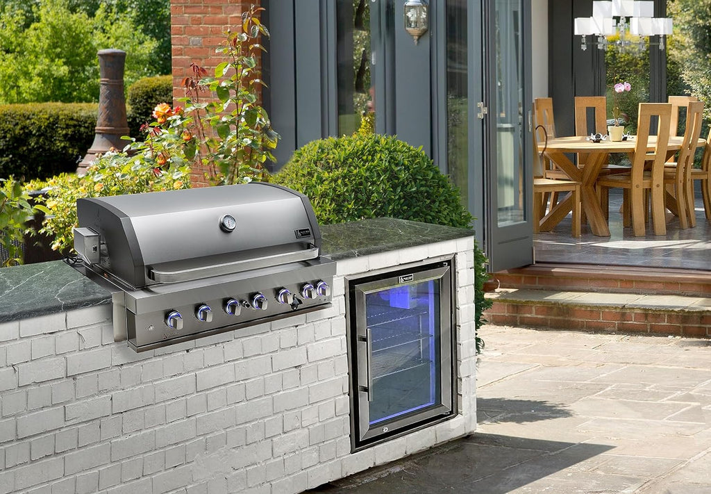 Mont Alpi Premium 44'W x 23'D x 21'H Stainless Steel 6-Burner Built-in BBQ Grill Head with Infrared Rear Burner + Rotisserie Kit + Outdoor Rated Glass Door Refrigerator + Charcoal Tray + Griddle Plate