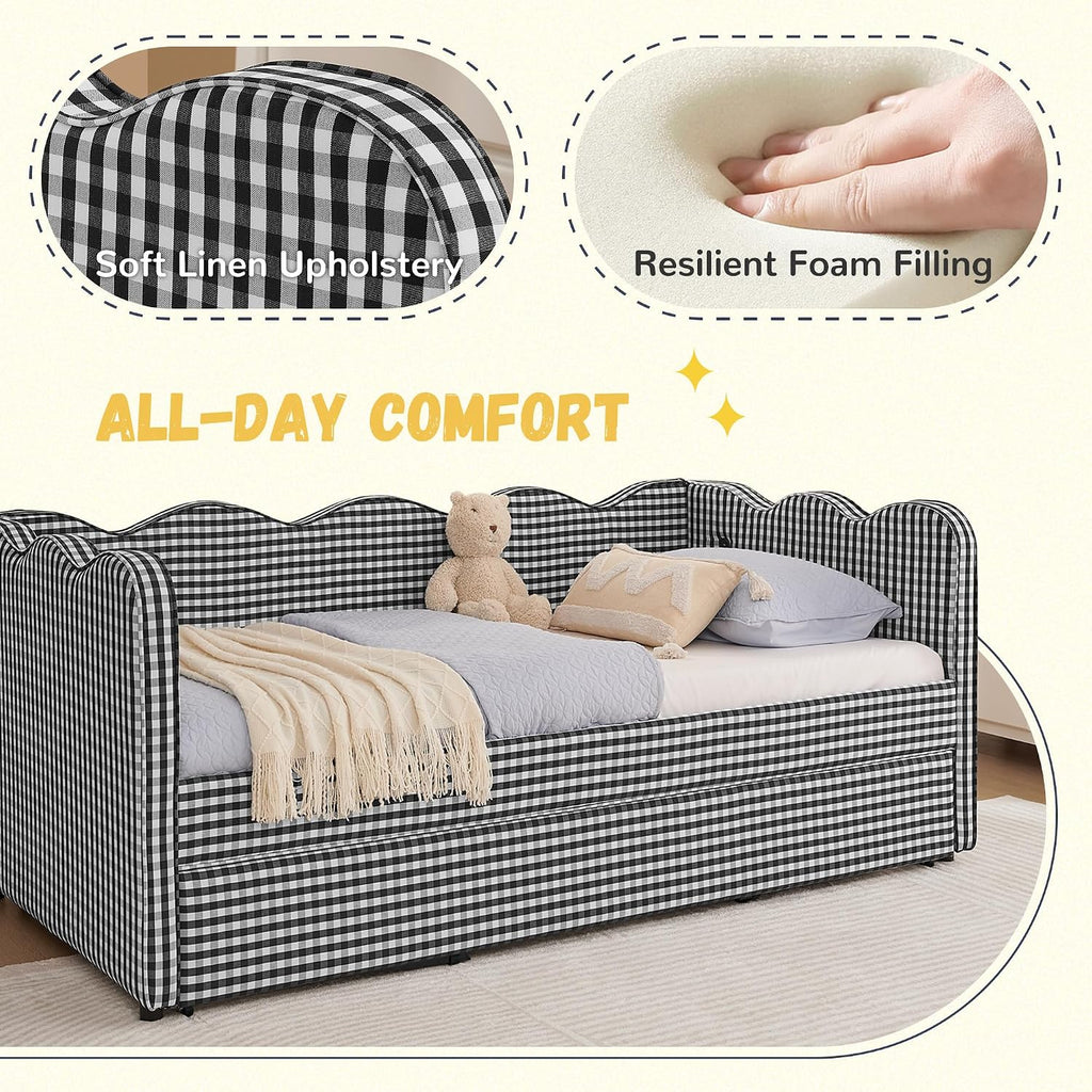 DEINPPA Twin Size Upholstered Daybed with Trundle, Gingham Daybed with USB Ports for Bedroom Living Room Guest Room-Black