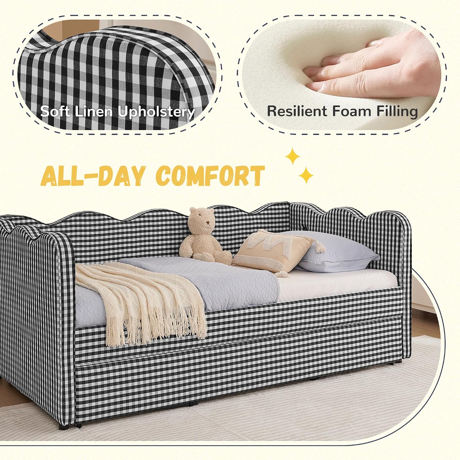 DEINPPA Twin Size Upholstered Daybed with Trundle, Gingham Daybed with USB Ports for Bedroom Living Room Guest Room-Black