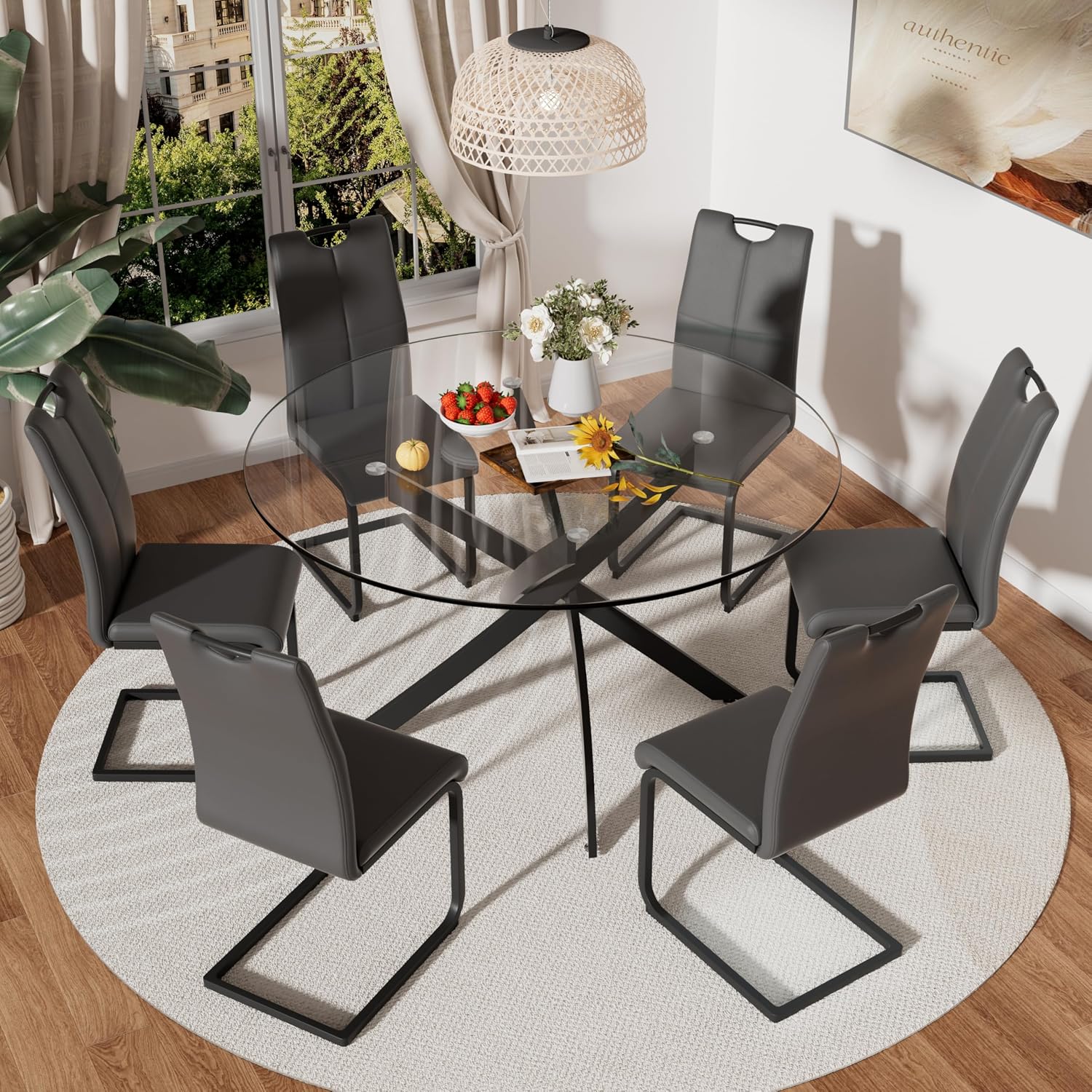 RGZ Modern Round Kitchen Table Set for 6, 47'' Clear Minimalist Glass Circular Top Dining Table Set, 7 PCS Luxury Circular Dinner Set with Dark Grey PU Faux Leather Chairs, for Large Place (Black)