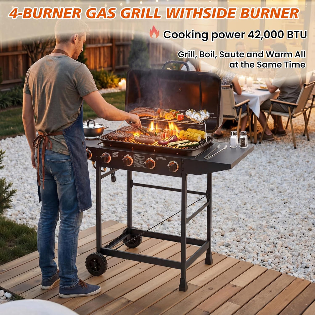 4-Burner Propane Gas Grills for Outdoor Cooking, 42000 BTU BBQ Portable Flat Top Grill Output Stainless Steel Barbecue Grill with Cabinet & Rolling Wheels and Side Tables (4 IN 1)