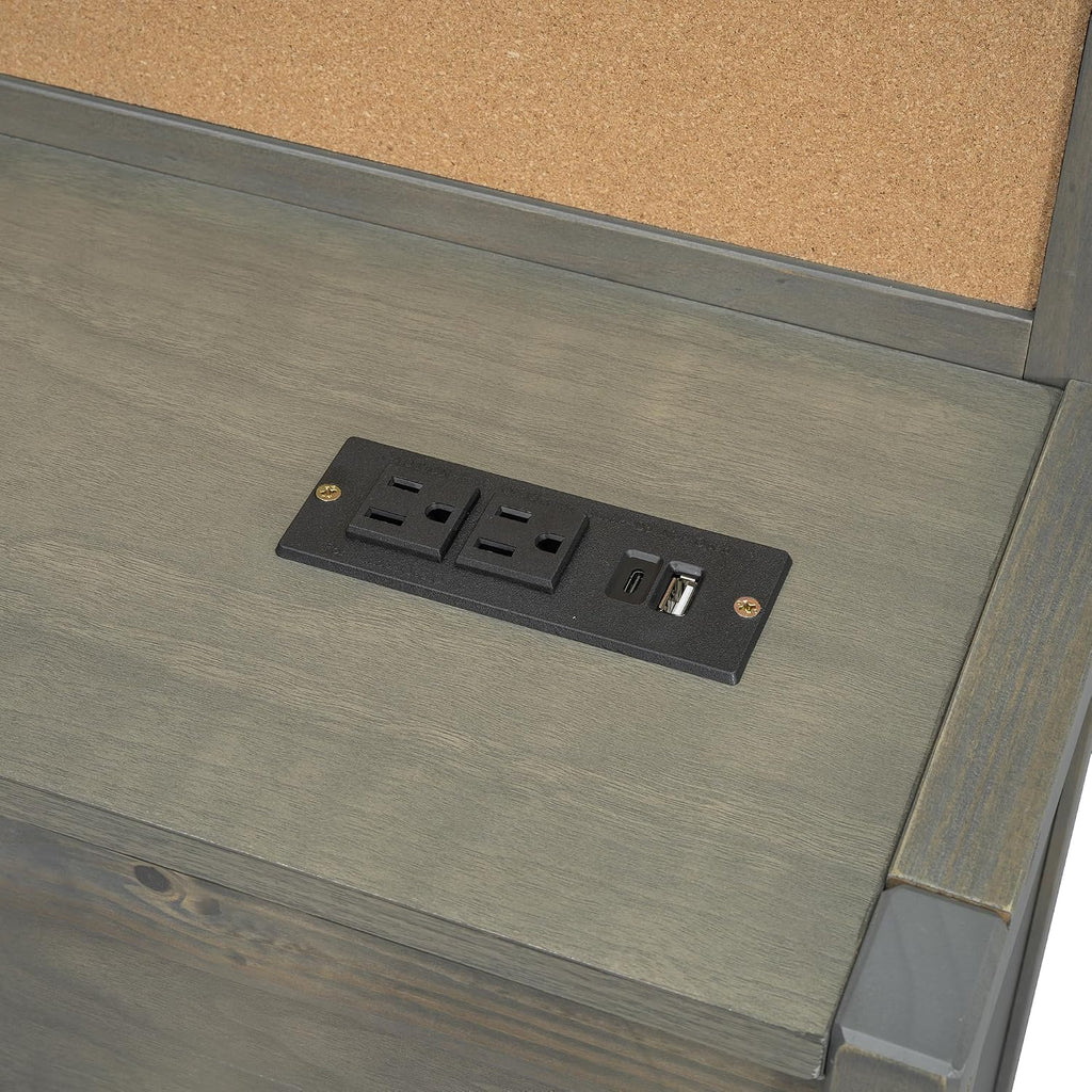 Wooden Daybed with 3 Storage Drawers, Upper Soft Board, Shelf, and a Set of Sockets and USB Ports, Twin Size, Gray