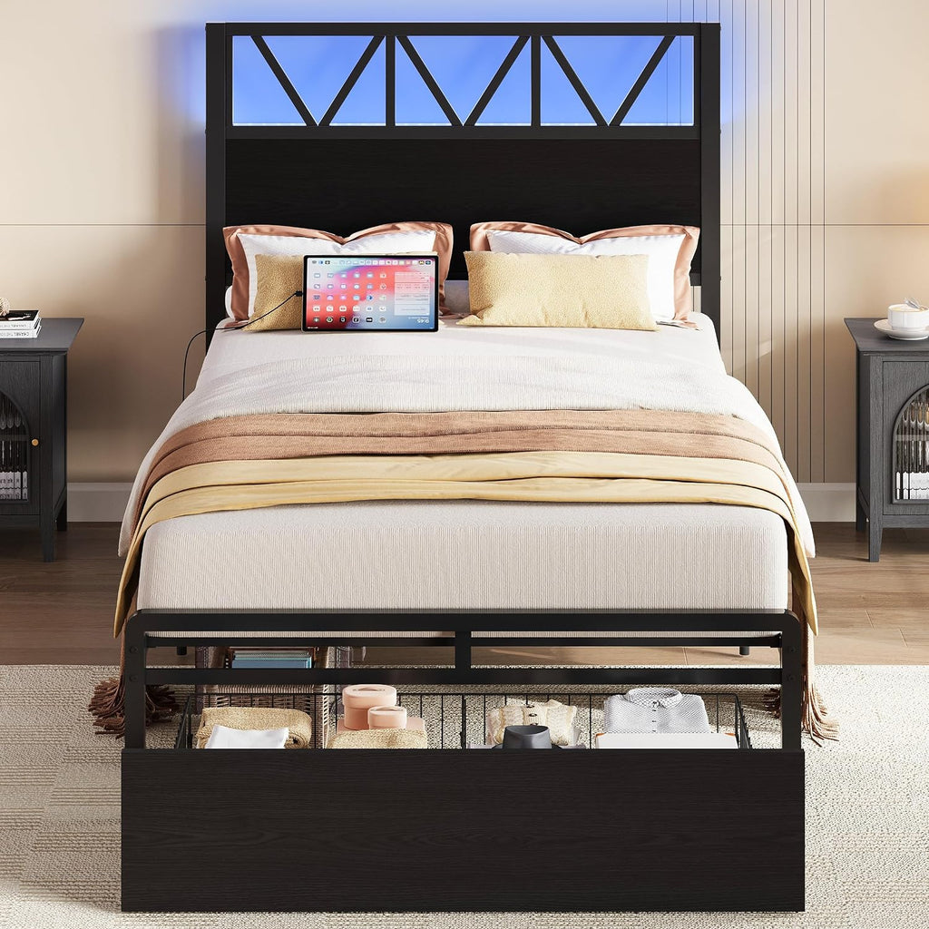 LIKIMIO Twin XL Bed Frames with Storage Drawer, Charging Station and LED Lights, Twin XL Bed Frame with Headboard, No Box Spring Needed, Easy Assembly for Teen Room, Small Apartment, Bedroom, Black
