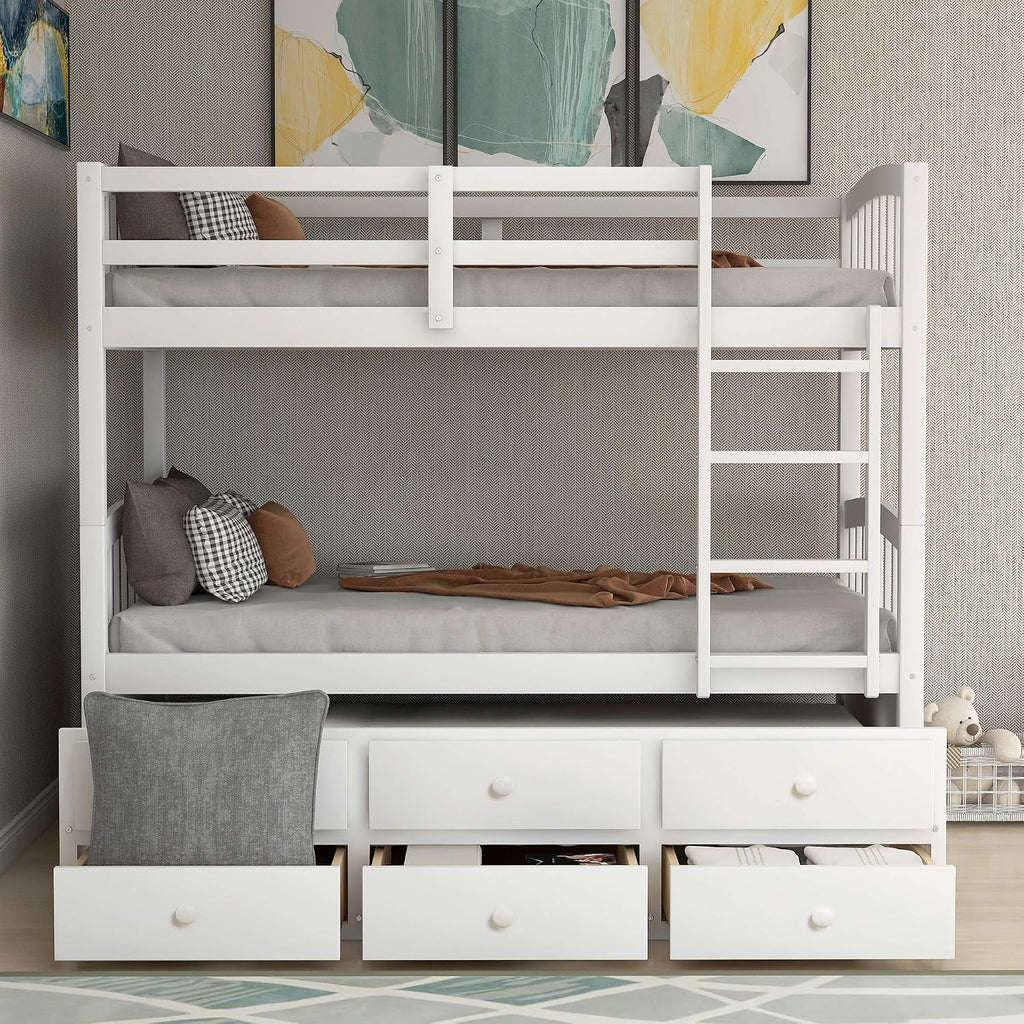 Harper & Bright Designs Twin Over Twin Bunk Bed with Trundle and Storage, Solid Wood Bunk Bed Frame with 3 Drawers for Kids, Teens, Adults (White)