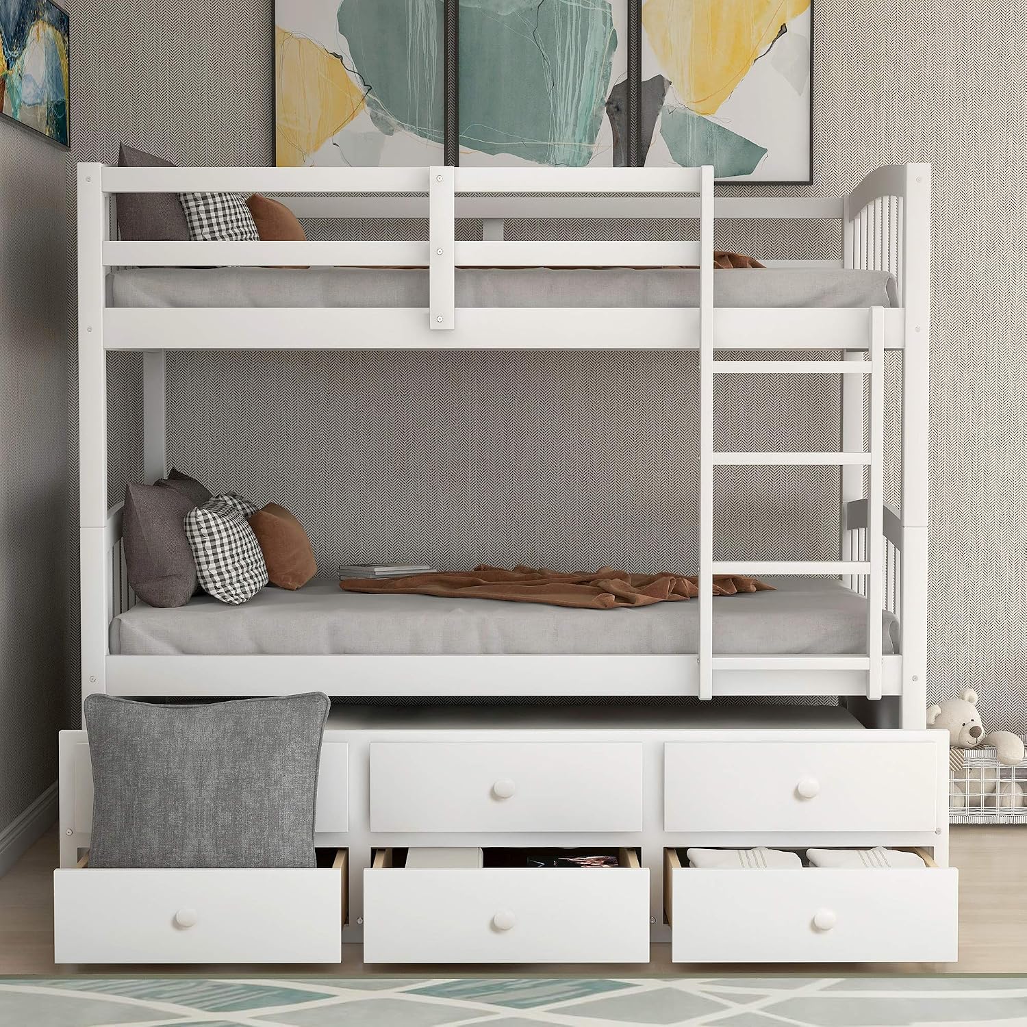Harper & Bright Designs Twin Over Twin Bunk Bed with Trundle and Storage, Solid Wood Bunk Bed Frame with 3 Drawers for Kids, Teens, Adults (White)