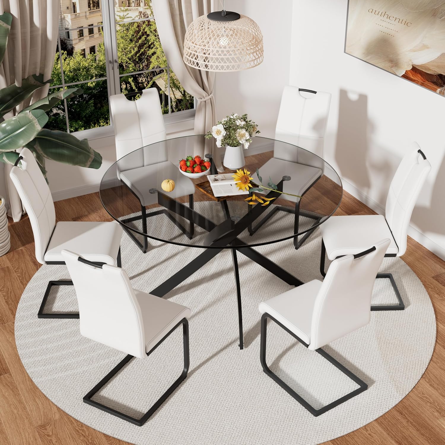 RGZ Round Glass Dining Table Set for 6, 7 Pcs Modern Luxury Circle Kitchen Table Set, 47'' Clear Grey Circular Dinner Table with White PU Faux Leather Chairs Set, for Home Large Apartment (Black)