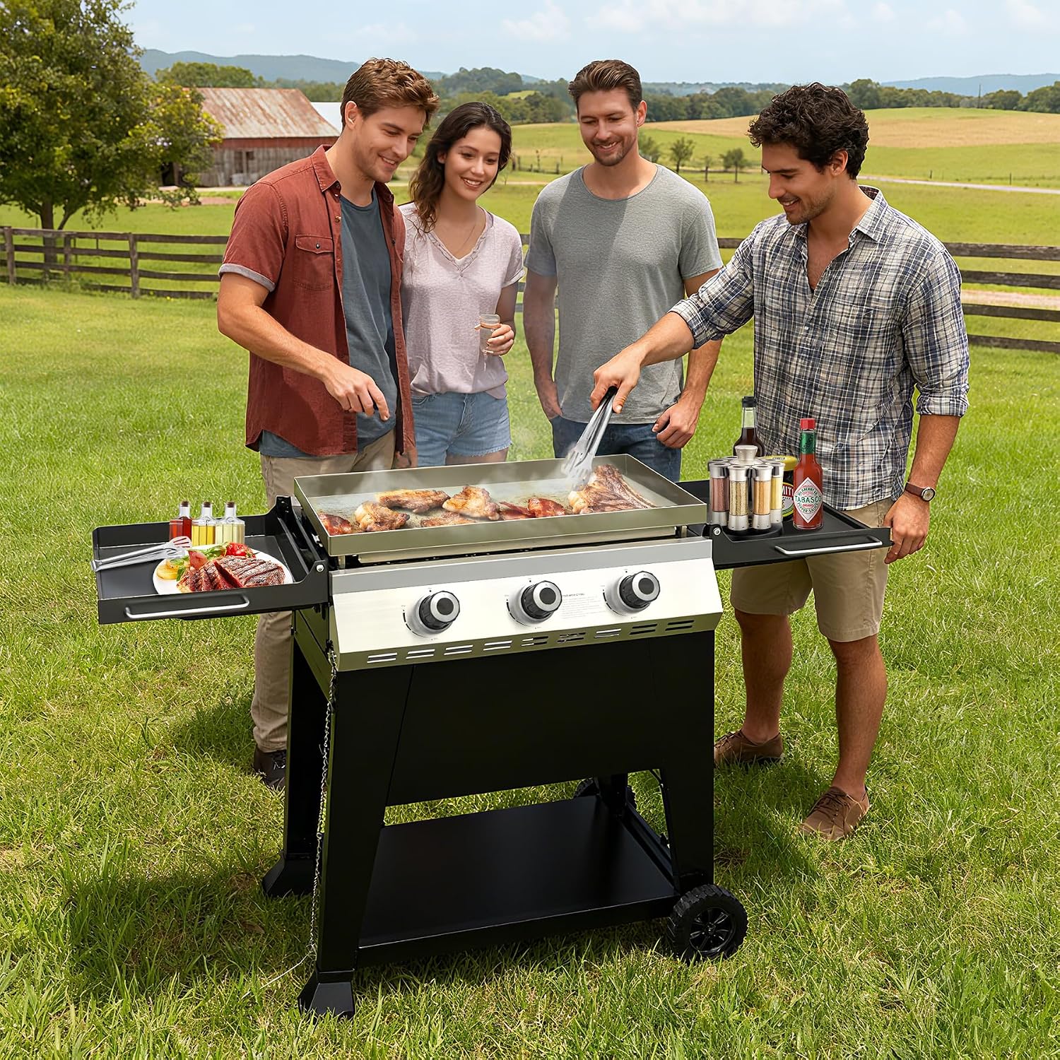 5 Burner Propane Grill with Rainproof Cover 36inch Outdoor Flat Top Griddle Foldable Side Table for Backyards Barbecue