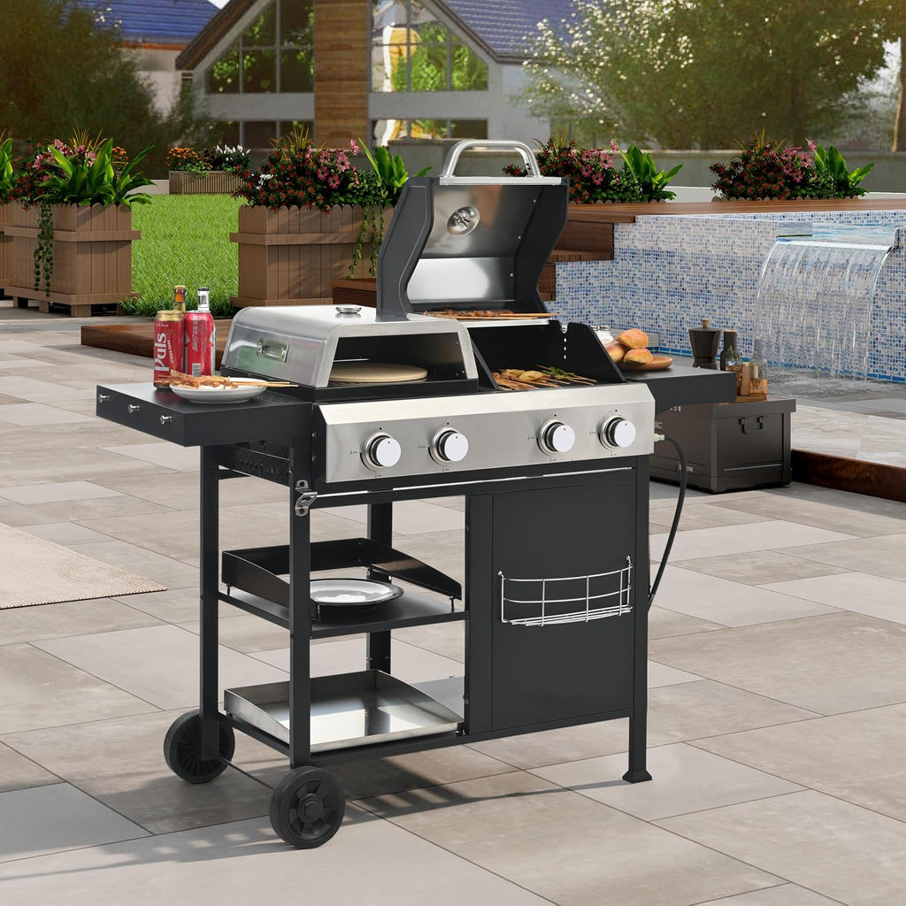 2+2 Multi function Burner Gas Grill and Griddle Combo with Cover for Outdoor Cooking While Camping or Tailgating BBQ,FRYING,PIZZA.