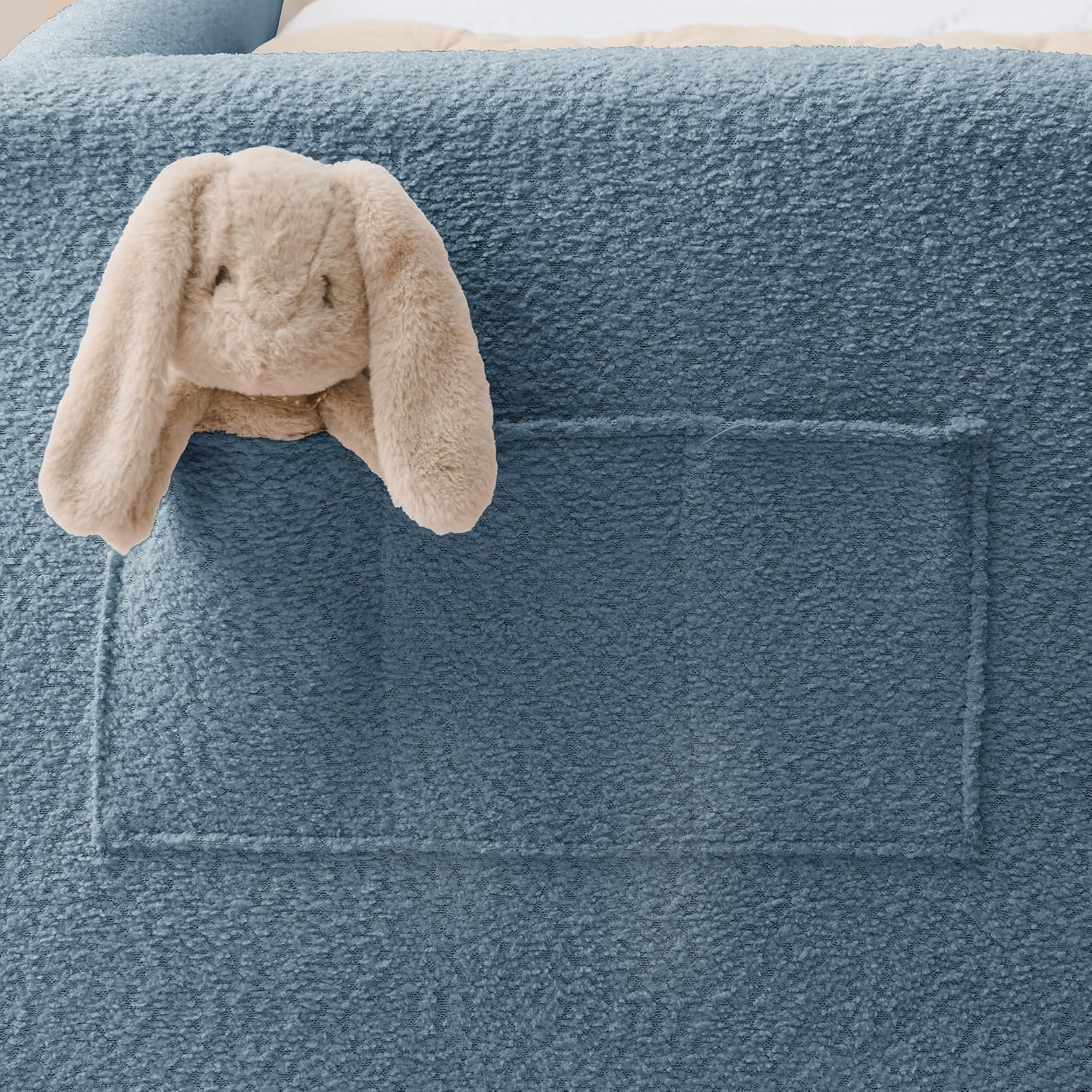 VilroCaz Twin Size Upholstered Platform Bed with Safety Guardrail and Cute Rabbit Ear Shaped Headboard, Boucle Fabric Montessori Kids Bed with Pocket and Sturdy Slats Support (Baby Blue-7.24)