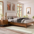 Furniture of America Wyatt Modern 2-Piece Solid Wood Bedroom Collection, Platform Frame with Upholstered Headboard and 2-Drawer Nightstand, No Box Spring Required for Home, Guest Room, Walnut, King