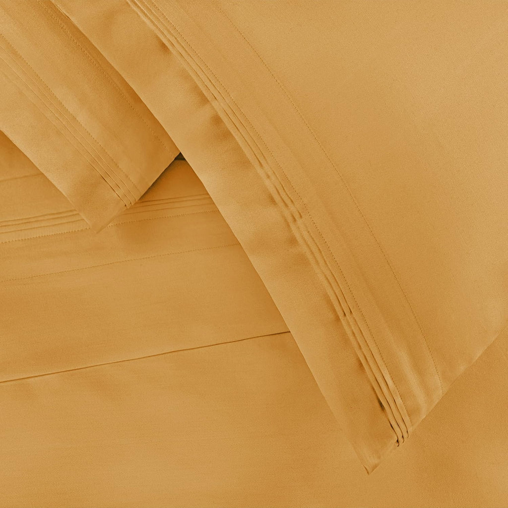 Superior Egyptian Cotton 5 Piece Sheet Set, 650 Thread Count, Eco-Friendly, Sustainable Sheets, Ultra-Soft Basics, Solid, Deep Pocket Fitted Sheets, Flat Sheet, Pillowcases, Split King, Gold