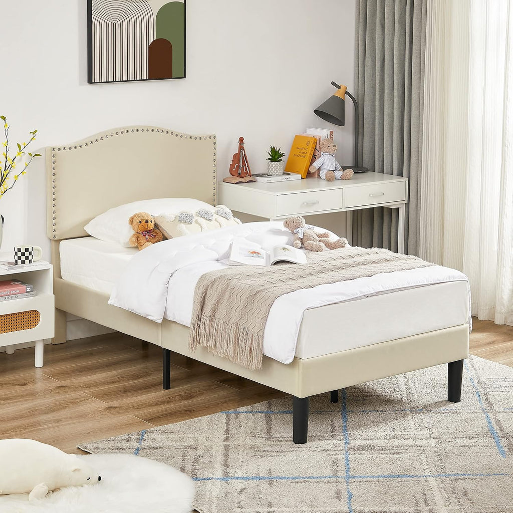 VECELO Twin Bed Frame Platform Bed Frame with Upholstered Headboard, Strong Frame and Wooden Slats Support, Strong Weight Capacity, Non-Slip and Noise-Free, Easy Assembly,Beige