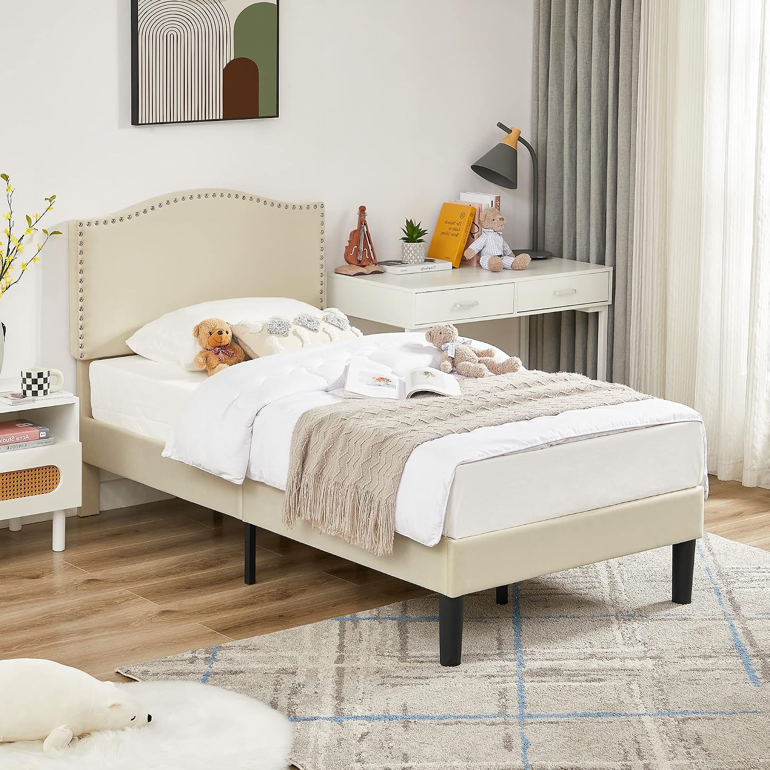 VECELO Twin Bed Frame Platform Bed Frame with Upholstered Headboard, Strong Frame and Wooden Slats Support, Strong Weight Capacity, Non-Slip and Noise-Free, Easy Assembly,Beige