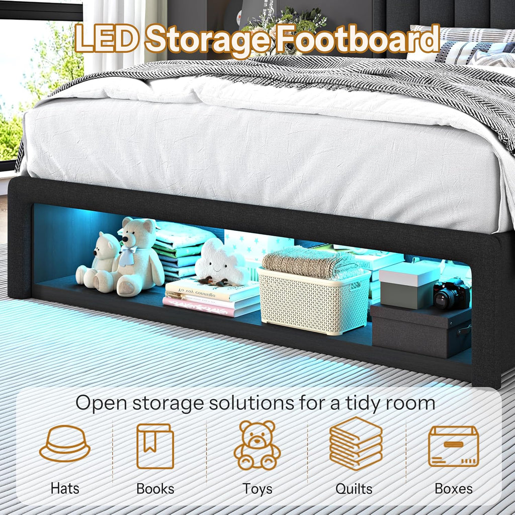 ChicZhiNest Full Size Bed Frame with 2 Storage Drawers, LED Headboard with Charging Station, Upholstered Bed Frame Full with Wooden Slats & Footboard Cubbies, No Box Spring Needed, Black