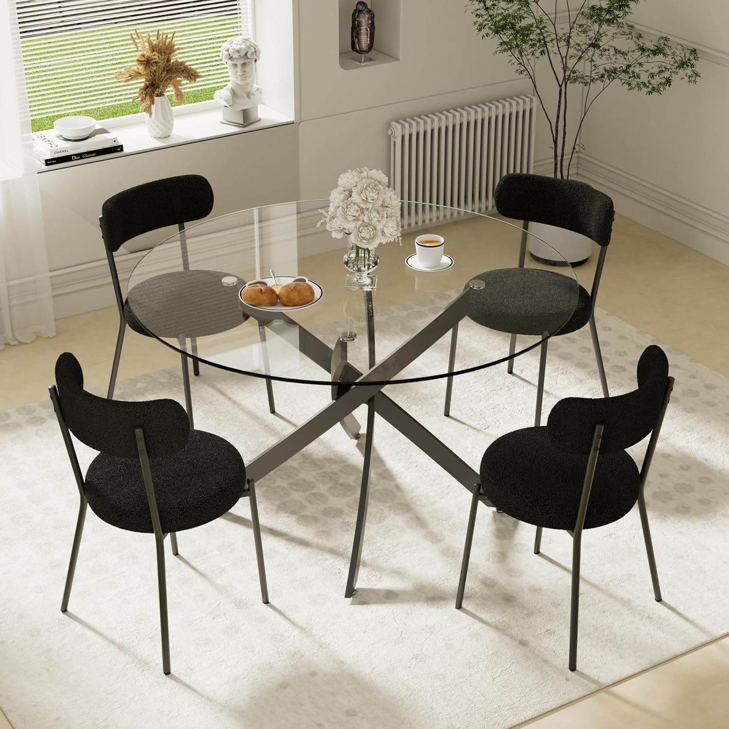 RGZ Black Round Glass Dining Table Set for 4, 5 Pcs Modern Luxury Circle Kitchen Table Set, 42'' Clear Minimalist Circular Dinner Table with Black Boucle Chairs Set, for Leisure Small Apartment