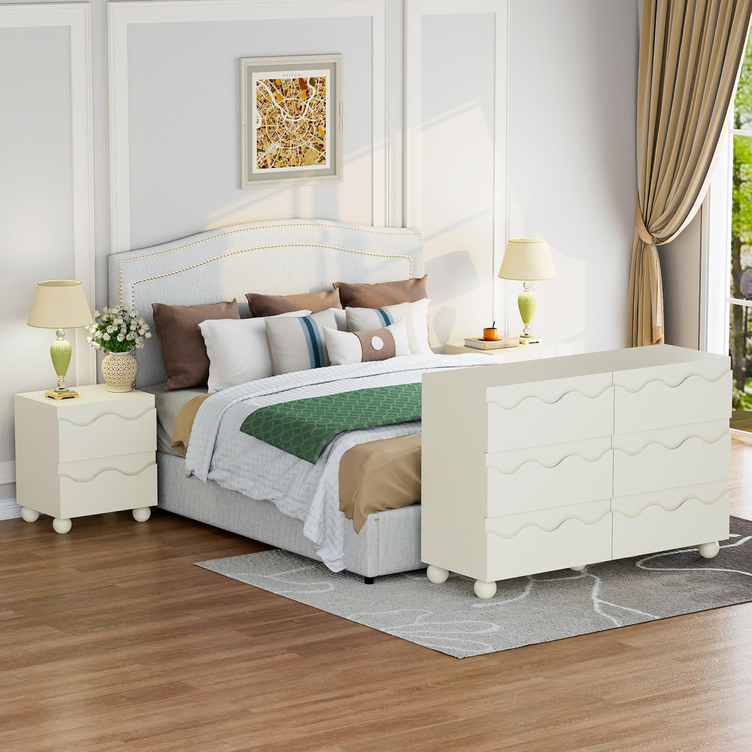Anbuy Bedroom Sets 3 Pieces, Begie Scalloped Sets for Bedroom, Combo 3 Pieces