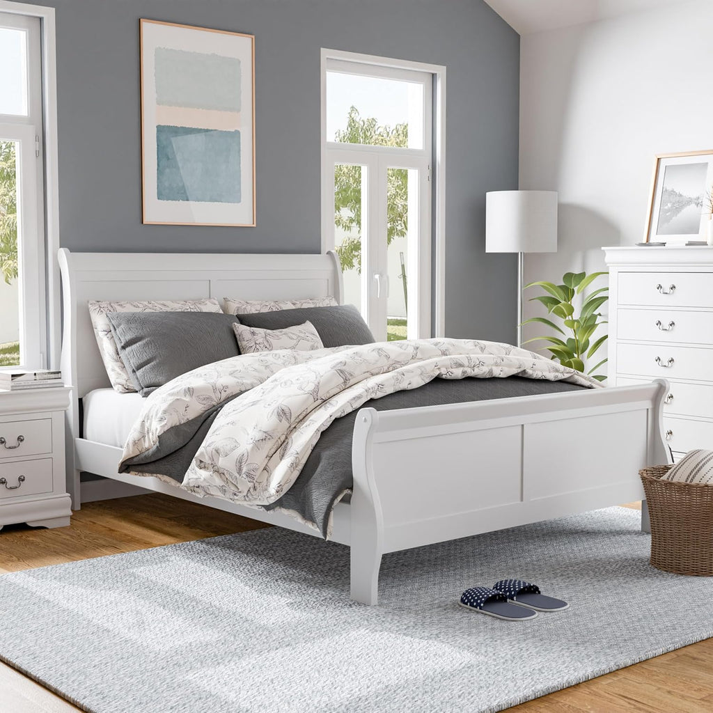 Furniture of America Louis Philippe Traditional Wood Bed Frame with Headboard and Footboard, Elegant Sleigh Design Bedframe for Bedroom, Guest Room, Easy Assembly, Box Spring Required, Queen, White