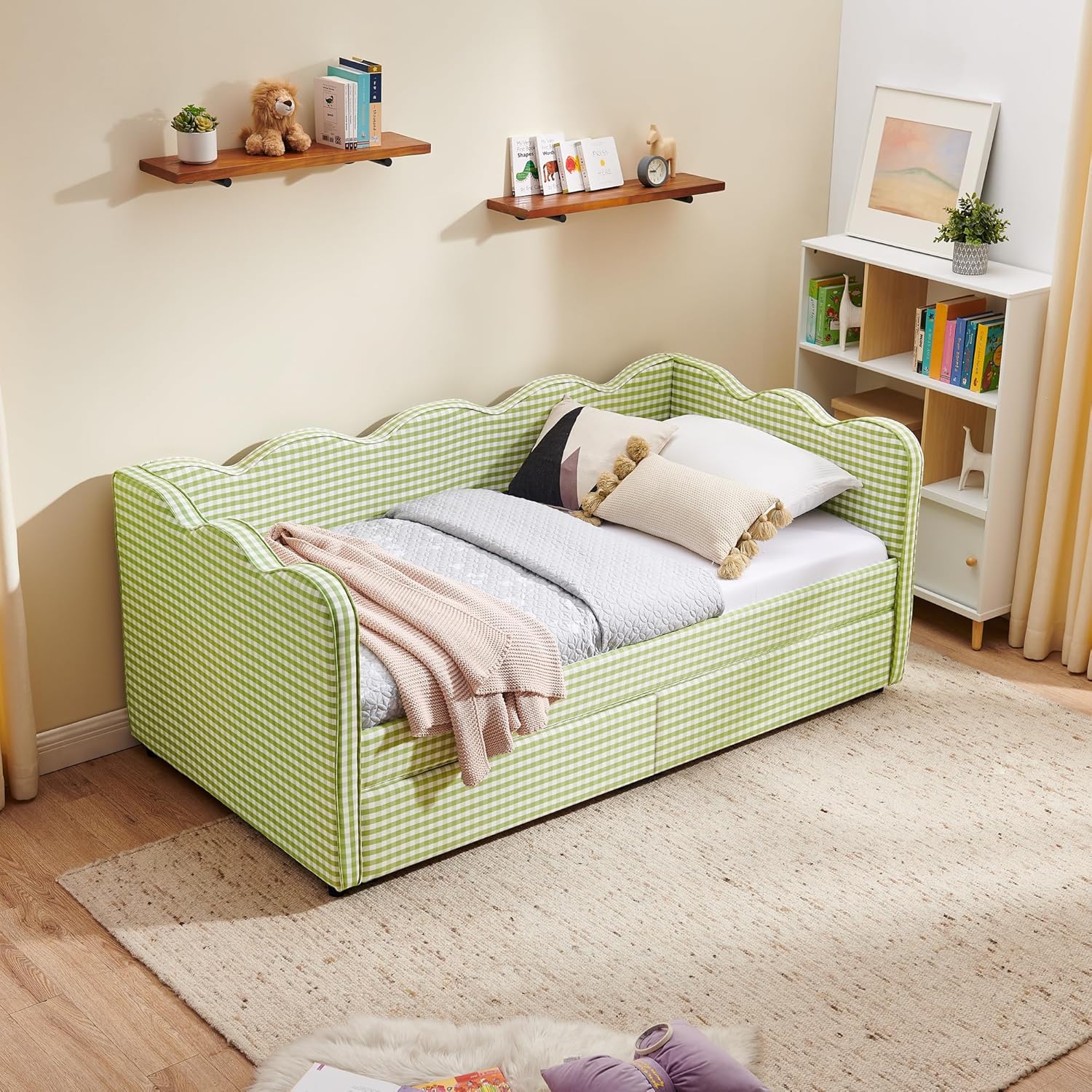 DEINPPA Twin Size Upholstered Daybed with 2 Storage Drawers, Gingham Daybed with USB Ports for Bedroom Living Room Guest Room-Green