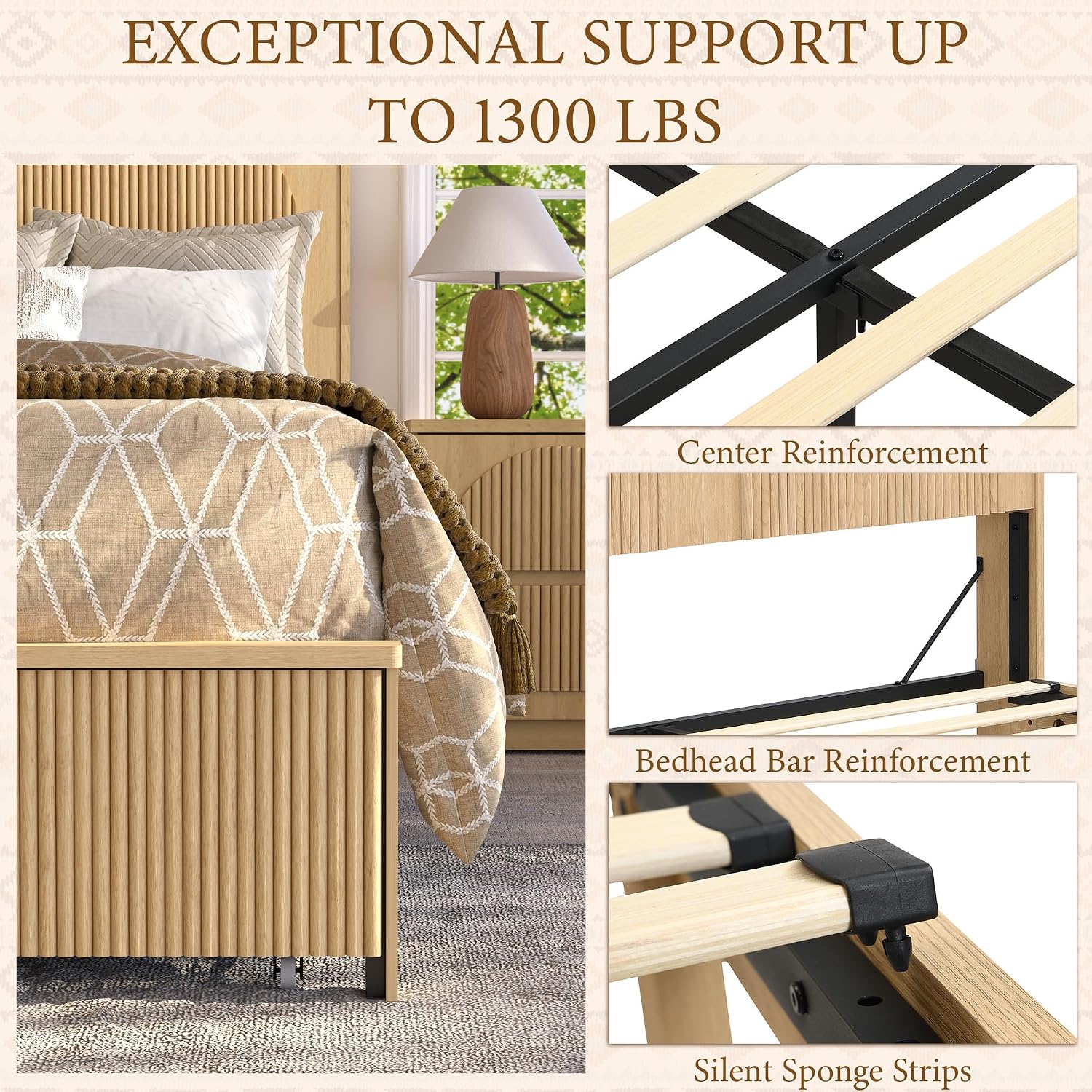 XIAO WEI Fluted Queen Bed Frame with 52.4' Tall Headboard, Bed Frame with Storage Drawers,Wooden Bed Frame with 8' Underbed Storage, No Box Spring Needed,Natural