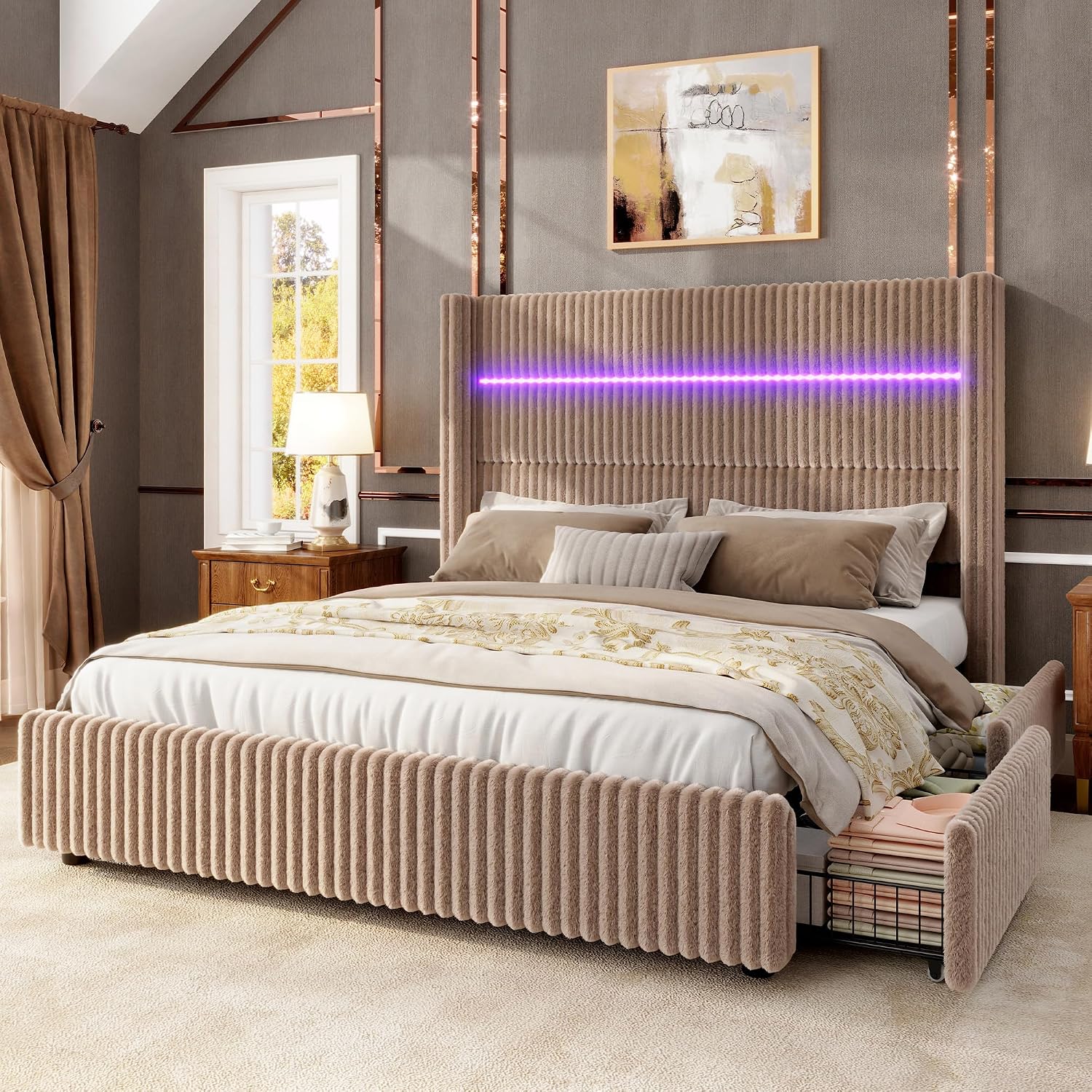 Jocisland King Size Corduroy Upholstered Bed Frame with 4 Storage Drawers & 51.2' Tall Wingback Headboard, LED Platform Bed with Charging Station, Easy Assembly, No Box Spring Needed, Dark Khaki