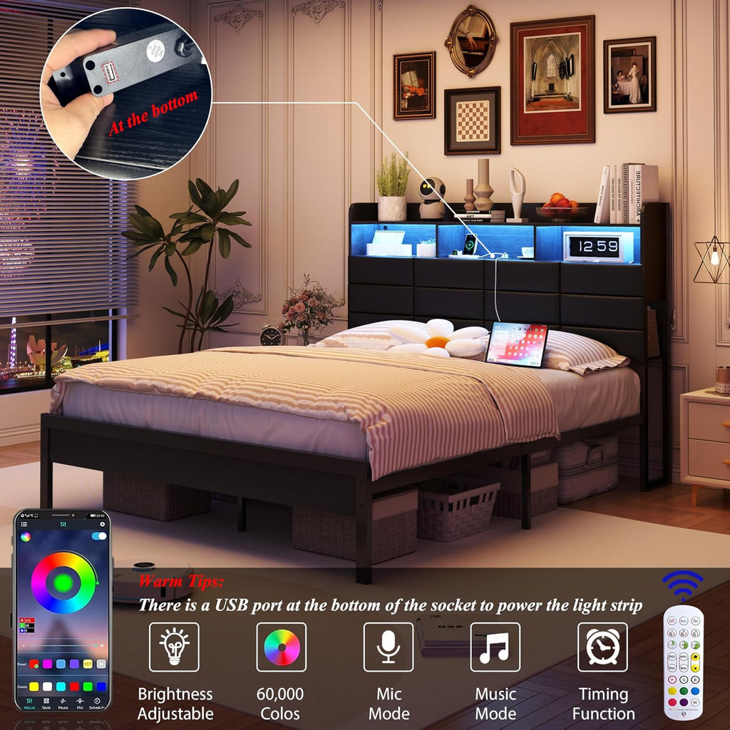 Queen Size Black Bed Frame with 2 Storage Drawers and Charging Station, Upholstered Bed Frame with PU Leather Headboard LED Lights, Metal Slats Support, No Box Spring Needed, Noise Free