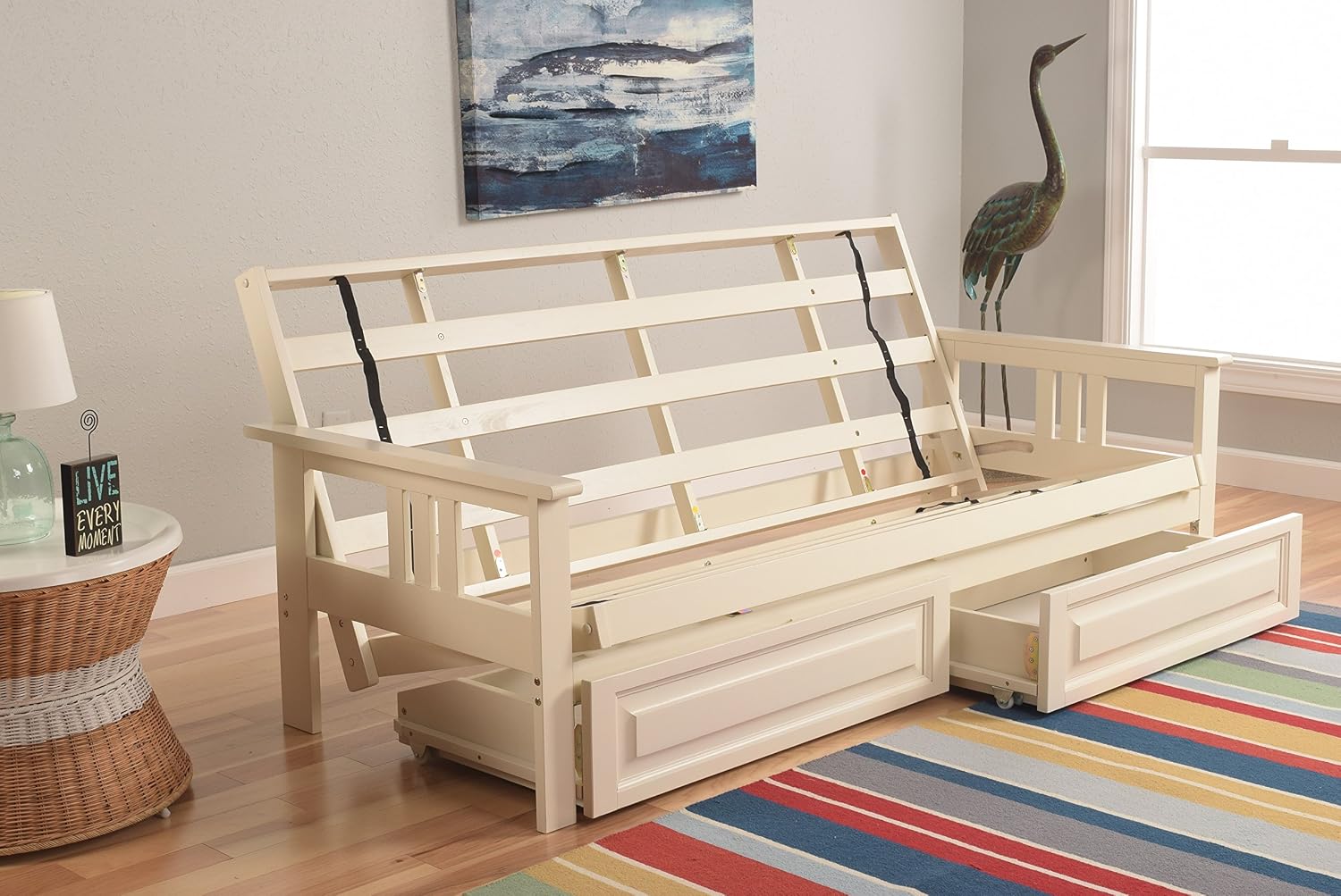 Kodiak Furniture Monterey Futon Set with Storage Drawers, with Antique White Base and Linen Aqua Mattress