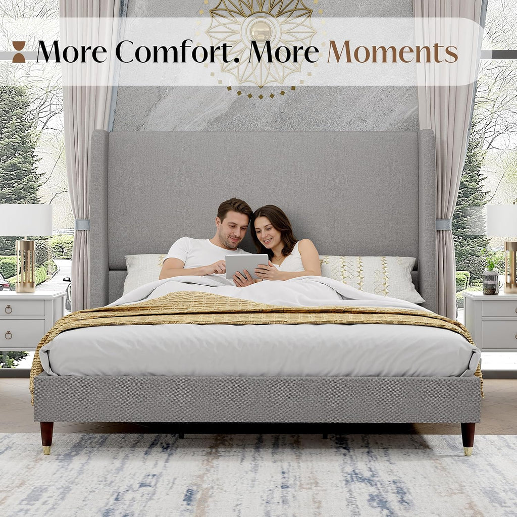 PaPaJet Full Size Bed Frame with 51.2' Wingback Headboard,Line Upholstered Platform Bed,Solid Wood Legs,No Box Spring Needed,Noise-Free&Easy Assembly,for Teen Girls, Dorm, Small Bedroom,Light Grey