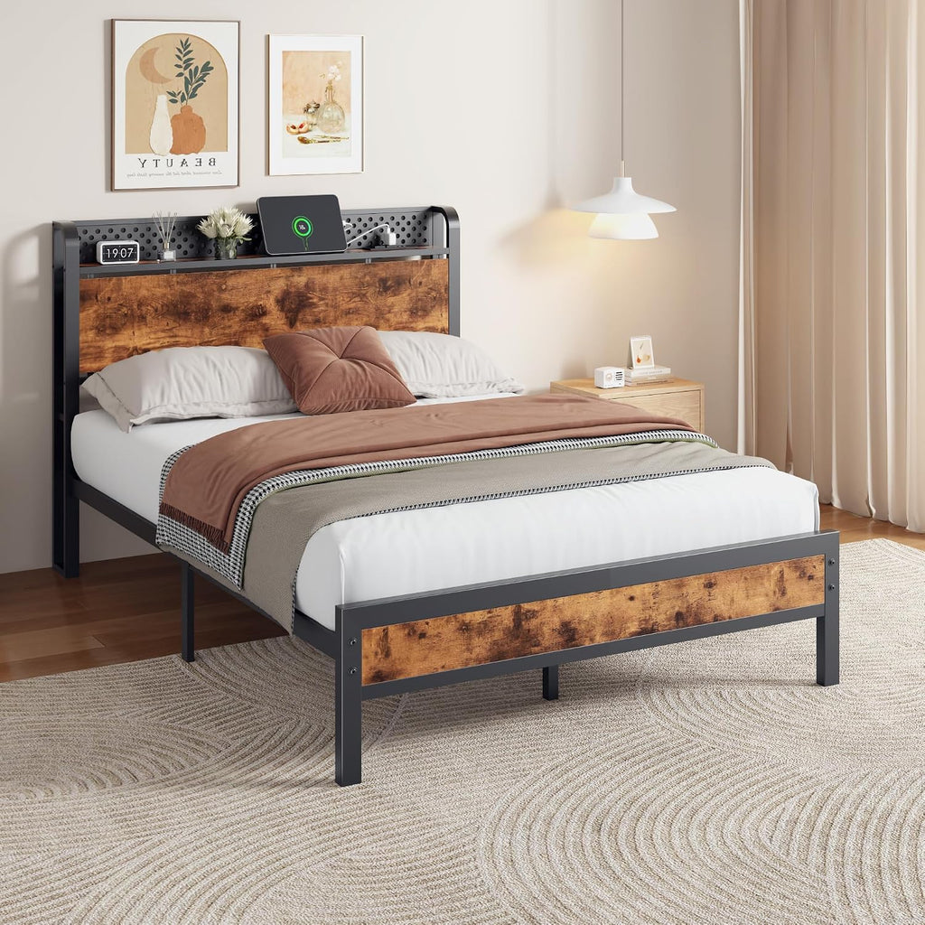Furnulem Full Size Bed Frame with Storage Headboard, Industrial Platform Bed with Charging Station and LED Lights, Heavy Duty Metal Slats, No Box Spring Need, Noise Free