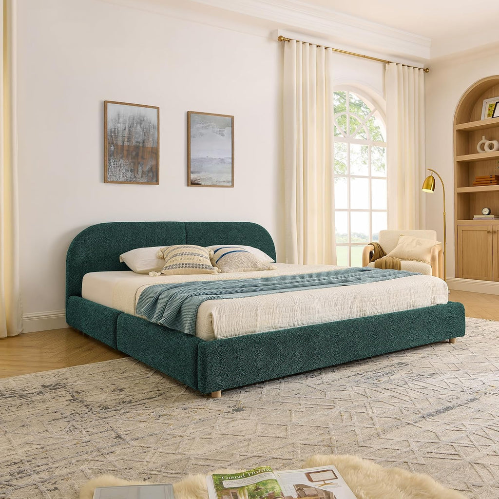 King Size Floor Bed Frame with 4 Wheeled Storage Drawer and Tall Curved Headboard, Modern Minimalist Style Upholstered Platform Bed Frame, Wooden Slats Support, Easy Assembly, Green