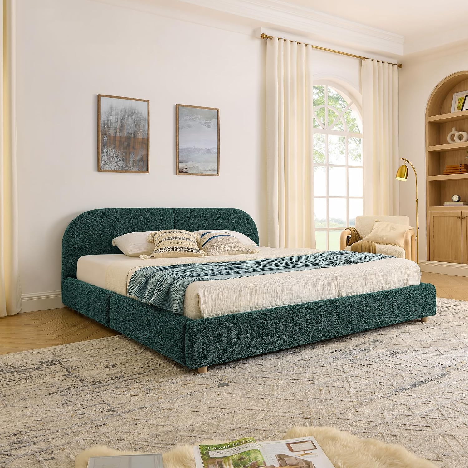 King Size Floor Bed Frame with 4 Wheeled Storage Drawer and Tall Curved Headboard, Modern Minimalist Style Upholstered Platform Bed Frame, Wooden Slats Support, Easy Assembly, Green