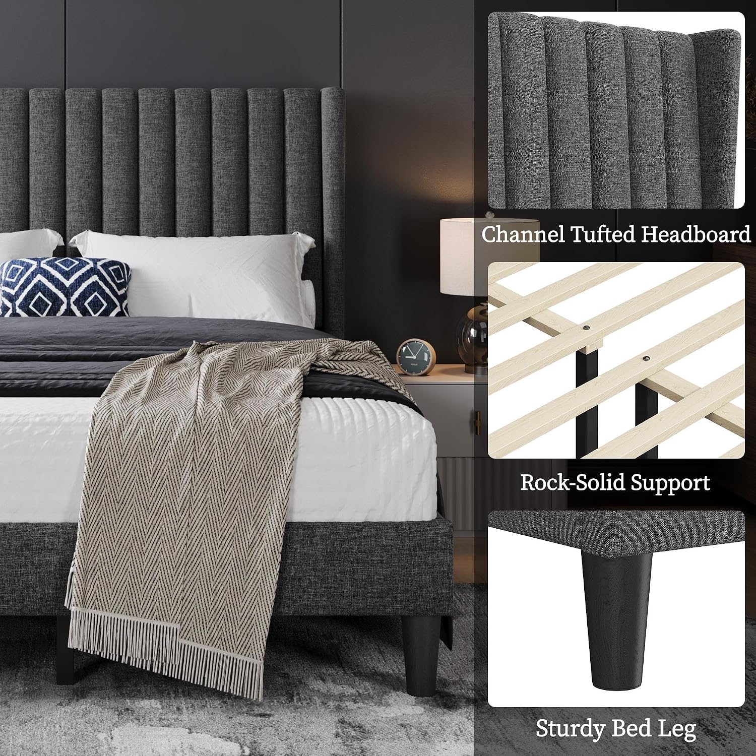 Yaheetech Full Bed Frame Upholstered Platform Bed with Fabric Headboard, Wing Edge Design/Non-Slip and Noise-Free/Wooden Slats Support/No Box Spring Needed/Easy Assembly, Dark Gray Full Bed