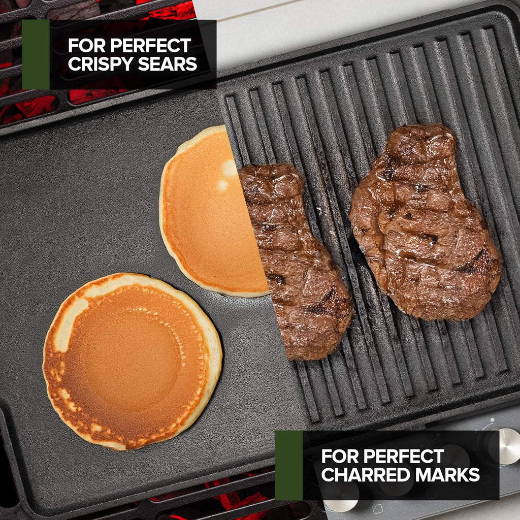 Cast Iron Griddle and Grill Reversible Combo Set with Protective Mitts, Grill Press and Scraper, Preseasoned Stovetop and Camping Griddle Pan (4 Pack)