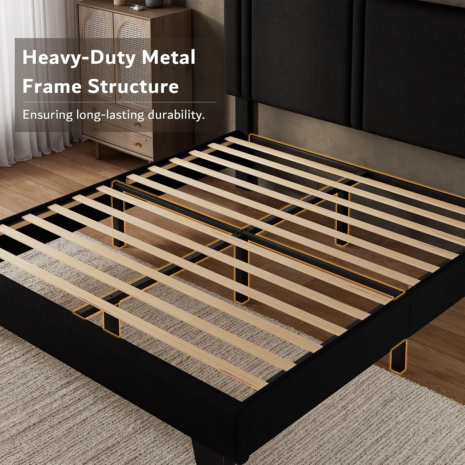 iPormis Queen Platform Bed Frame with Fabric Upholstered Headboard & Thickened Legs, Mattress Foundation with Solid Wooden Slats Support, No Box Spring Needed, Noise Free, Black
