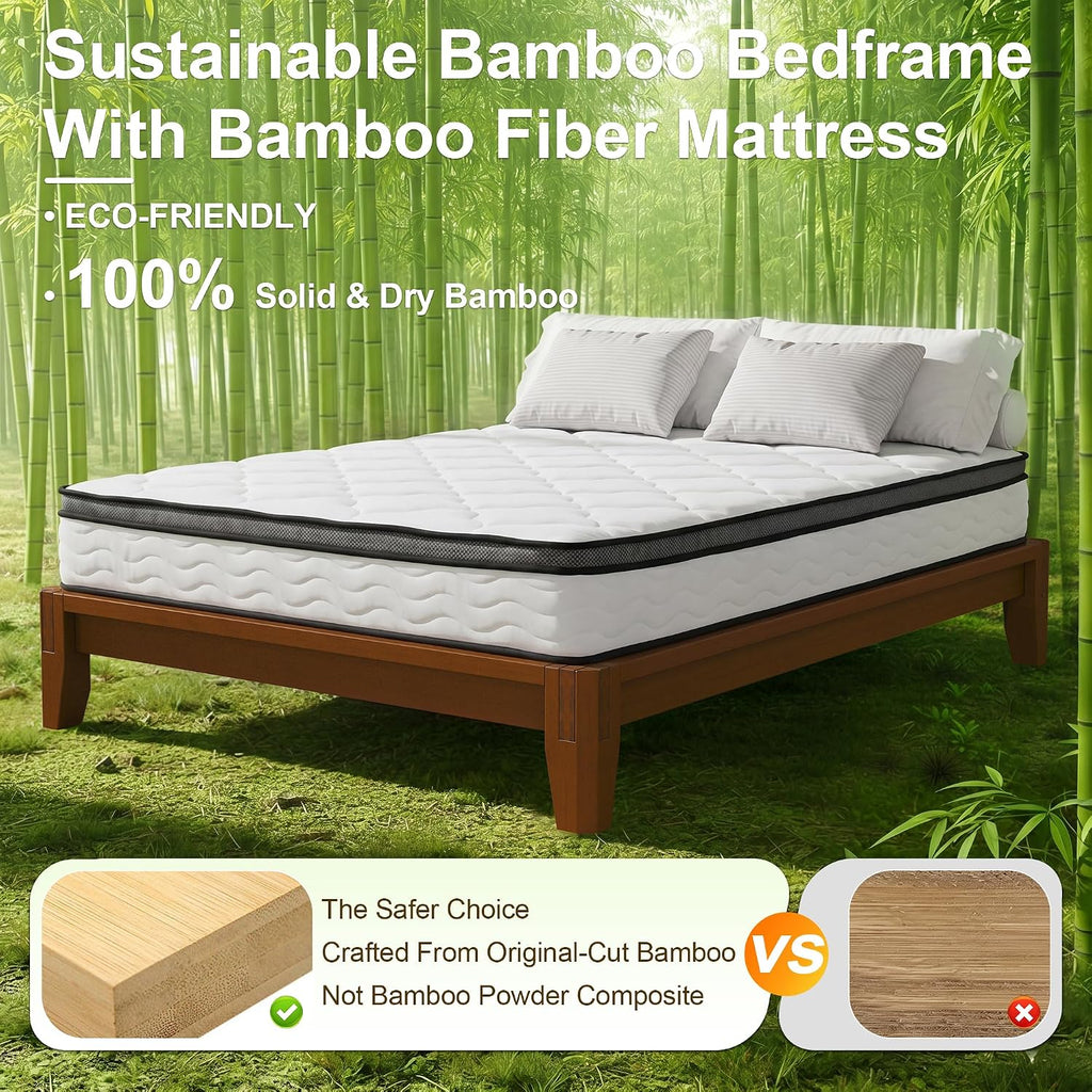 Dolonm Full Size Bamboo Bed Frame with 12' Mattress-Medium Hybrid Firm, Bed Frame and Mattress Set, Bamboo Mattress Topper, Pressure Relief, Motion Isolation（Walnut