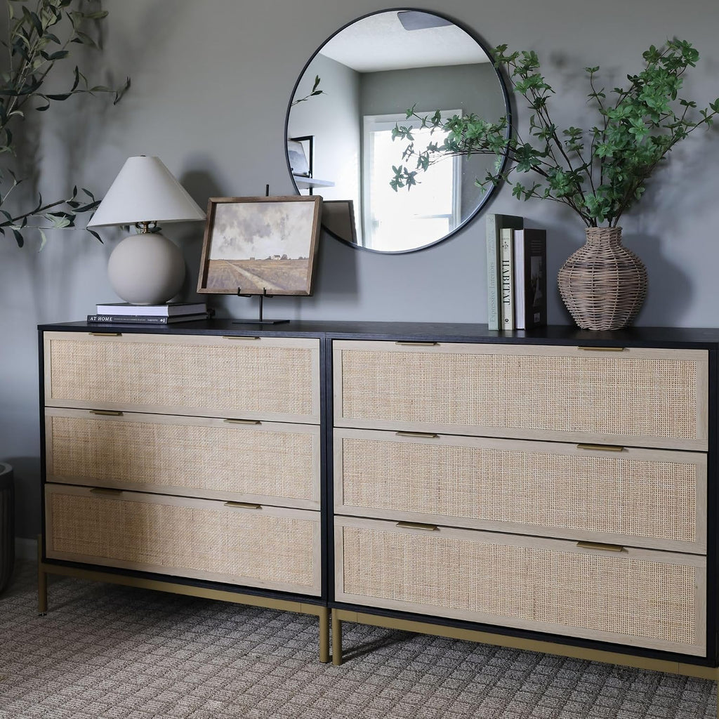 Nathan James Kova Boho Dresser or Storage Cabinet with Drawers for Bedroom or Nursery with Textilene Rattan Accent and Metal Legs, Black Oak, Set of 2