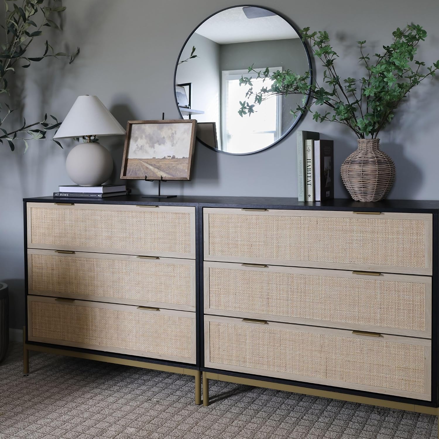 Nathan James Kova Boho Dresser or Storage Cabinet with Drawers for Bedroom or Nursery with Textilene Rattan Accent and Metal Legs, Black Oak, Set of 2