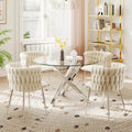 Silver Luxury Round Dining Table Set for 4, 39'' Modern Minimalist Circle Kitchen Table Set, 5 Pcs Small Clear Circular Glass Top Dinner Set, Ivory Woven Chairs Set, for Bedroom Breakfast Nook
